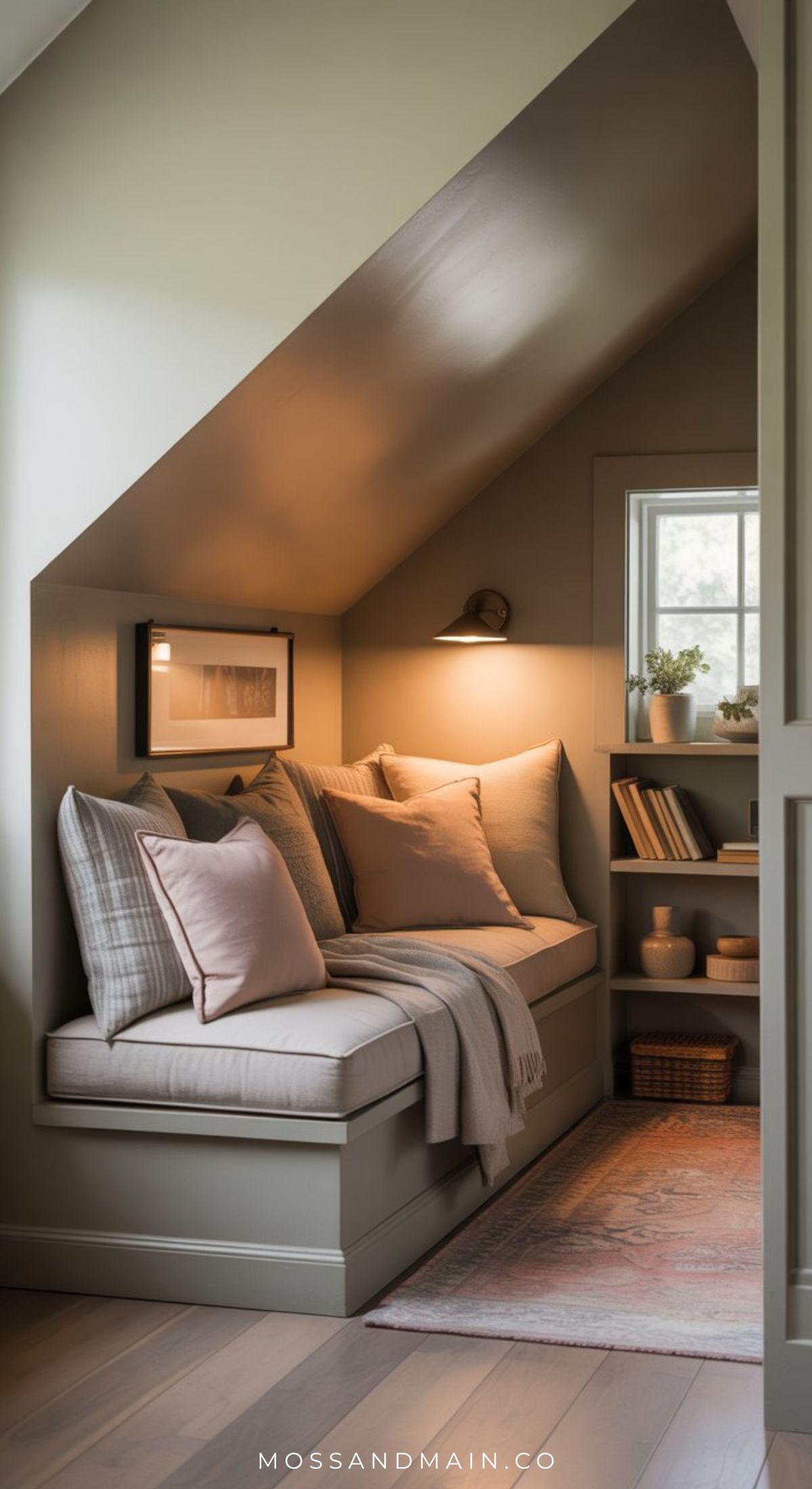 A cozy reading nook with a built-in bench, soft cushions, and blankets forms a little escape under a sloped ceiling. Shelves with books, framed art, a small window, and warm lighting inspire inviting reading nook ideas for ultimate comfort.