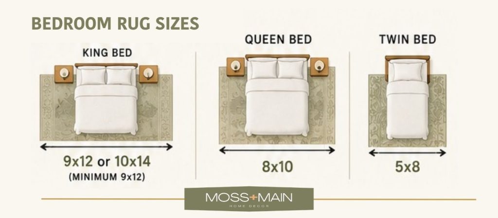 Chart showing ideal rug sizes for bedrooms: King bed with 9x12 or 10x14 rug, Queen bed with 8x10 rug, and Twin bed with 5x8 rug. This helpful rug size guide shows rugs under beds with nightstands. Moss + Main logo at the bottom.
