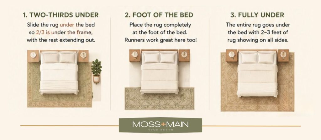 Three diagrams from a rug size guide show different ways to place a rug under a bed: two-thirds under the bed, just at the foot of the bed, and fully under the bed with rug edges visible on all sides.