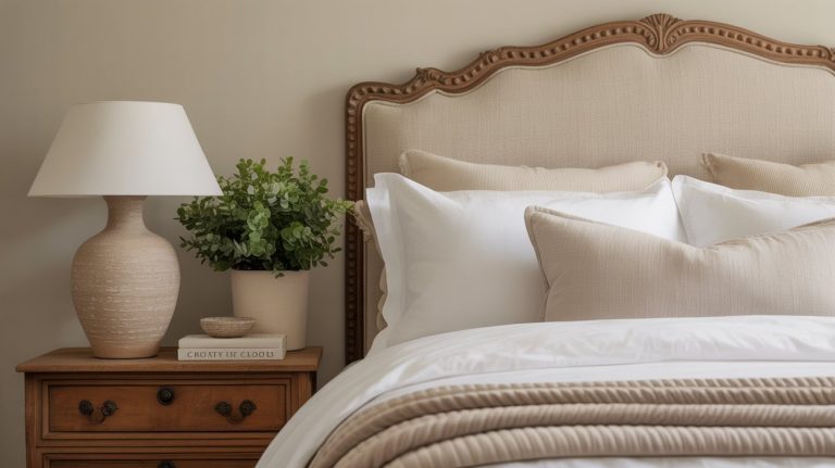 A neatly made bed with white and beige pillows and a quilted blanket sits next to a wooden nightstand featuring a beige lamp, potted green plant, and closed book—creating a cozy, inviting beige bedroom design.