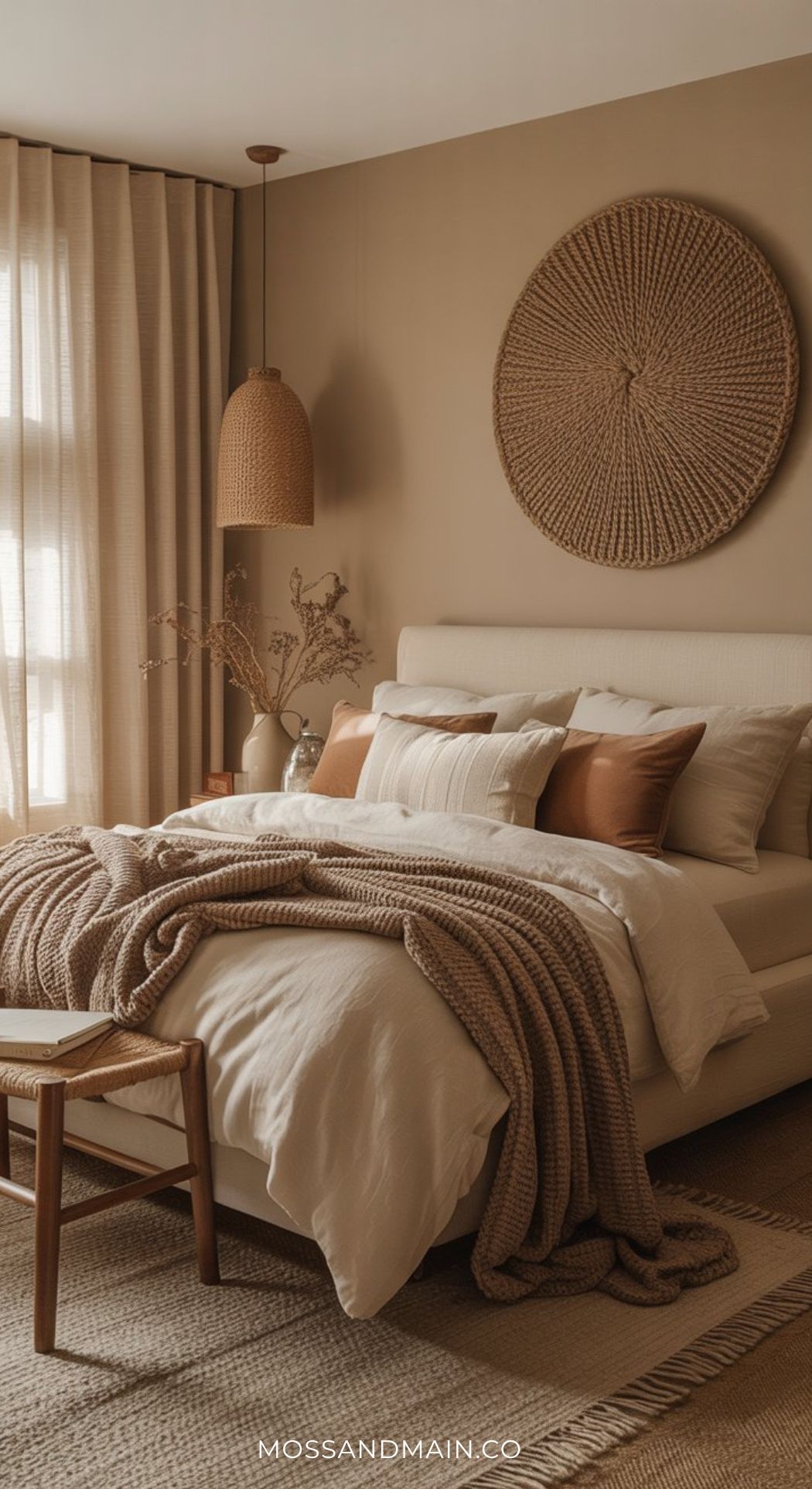 A cozy mocha bedroom with neutral tones, featuring a bed with beige and brown pillows, a wooden bench, woven wall decor, a pendant light, and soft natural light—perfect for embracing slow-living bedroom ideas.