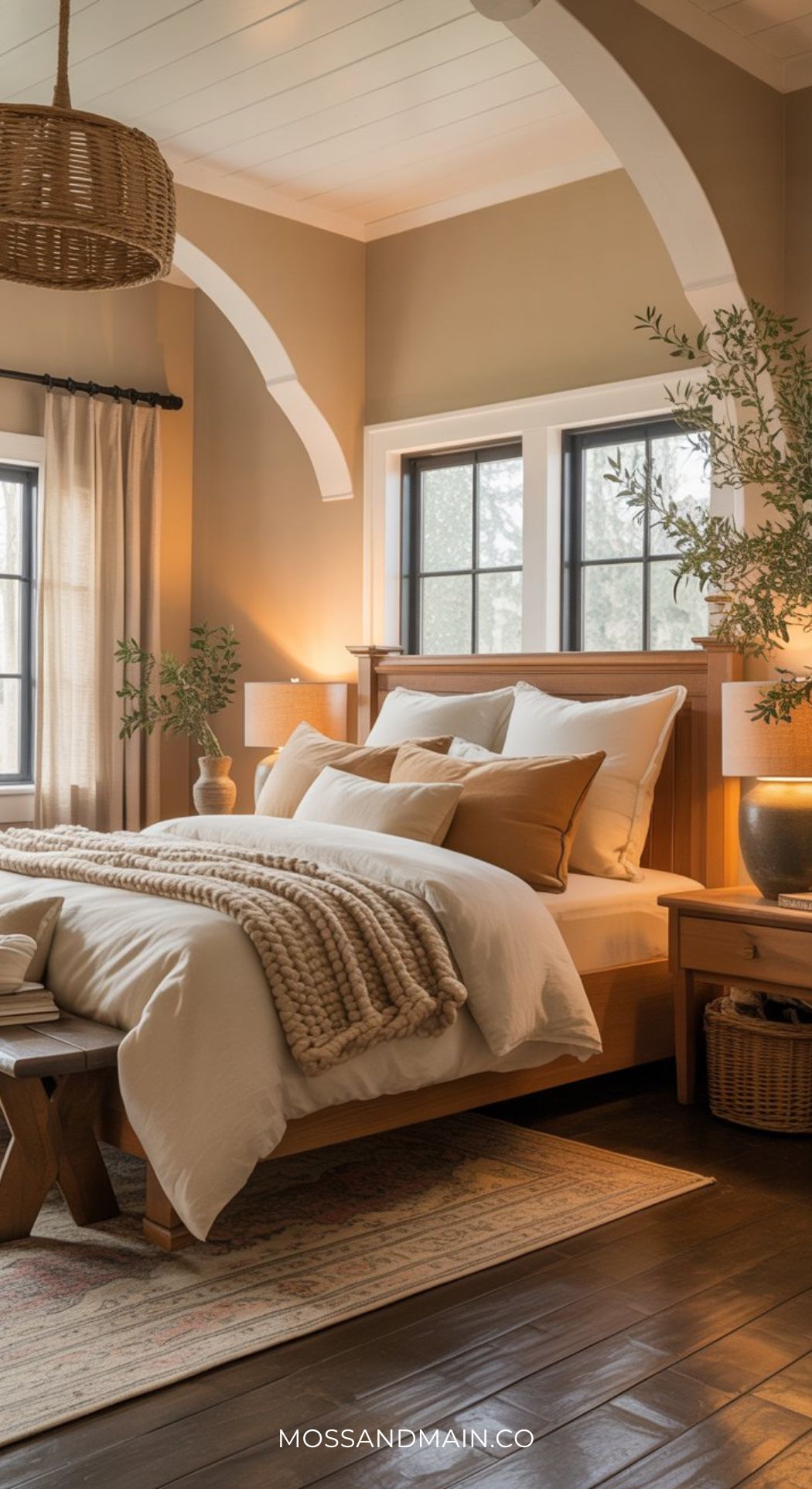A cozy bedroom with beige walls, a wooden bed with white and tan bedding, knit throw, side tables with lamps, potted plants, a woven ceiling light, large windows, and warm natural lighting—perfect for your next bedroom ideas.