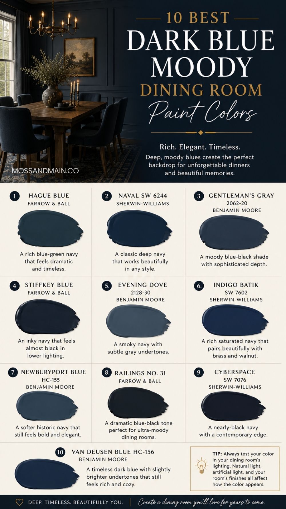 Infographic titled 10 Best Dark Blue Moody Dining Room Paint Colors featuring ten paint swatches, their names, brands, and brief descriptions, all set against a stylish dark blue dining room backdrop.