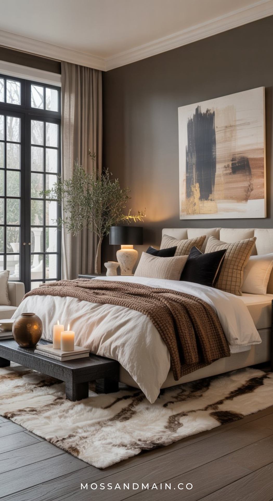 Modern cozy bedroom with a large bed, neutral bedding, brown throw, decorative pillows, and abstract wall art. Candles sit on a wooden bench by the rug, with natural light streaming through a large window. Text at the bottom reads MOSSANDMAIN.CO.