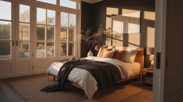 A cozy black white and brown bedroom with a double bed, soft bedding, throw pillows, a blanket, and a bedside table. Large windows fill the room with warm sunlight, casting gentle shadows on dark walls and a rug atop the wooden floor.