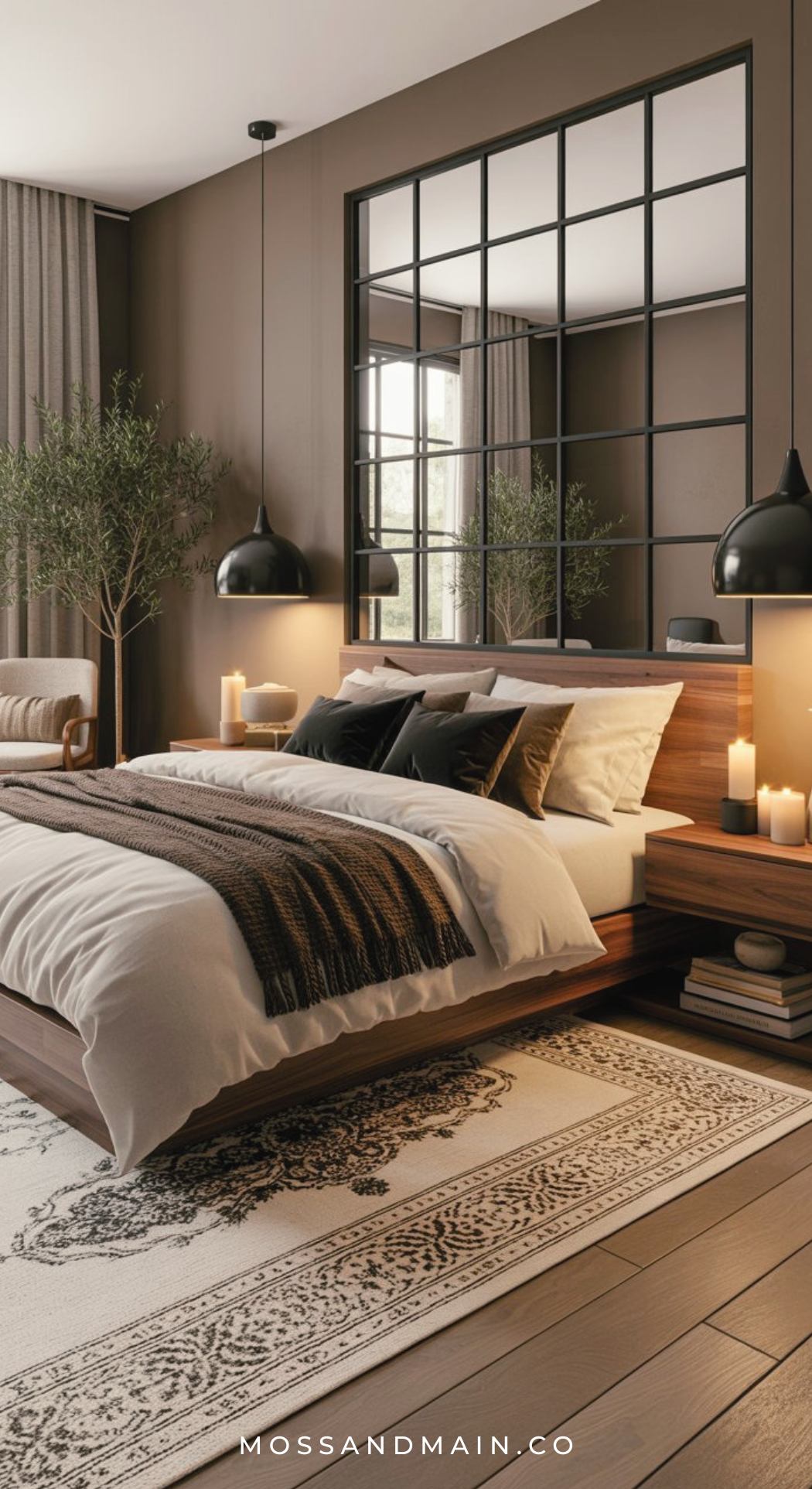 A cozy luxe bedroom with brown walls, a large mirror above the wooden bed, plush pillows and blankets, pendant lights, candles, potted trees, and a patterned rug on wooden floors—perfect for brown bedroom ideas. Image branded mossandmain.co.