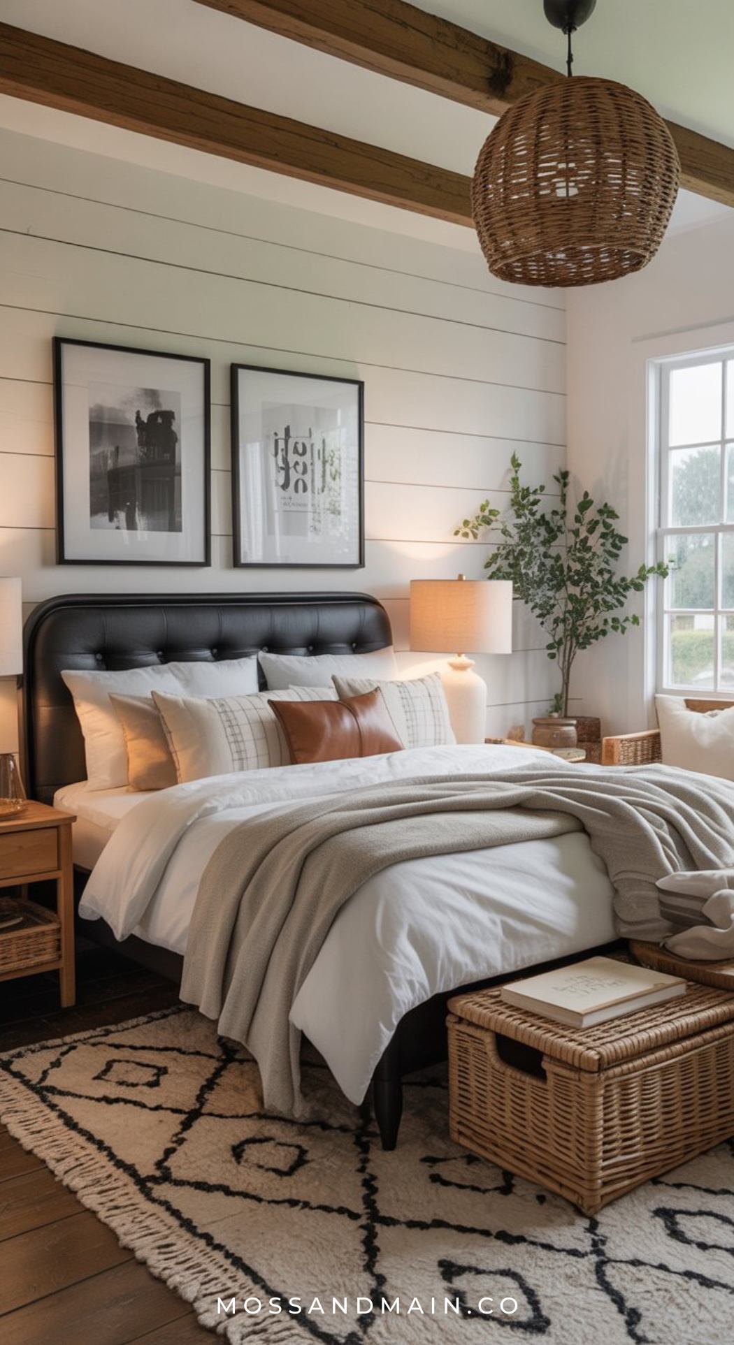 A cozy, modern black white and brown bedroom with a tufted black headboard, white shiplap walls, neutral bedding, wooden nightstands, wicker baskets, and two framed prints above the bed. Soft natural light streams in through a window.