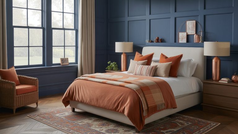 A cozy bedroom with a navy blue paneled wall, rust and beige bedding, terracotta lamps on wooden nightstands, a wicker chair, large windows with beige curtains, and a patterned rug.