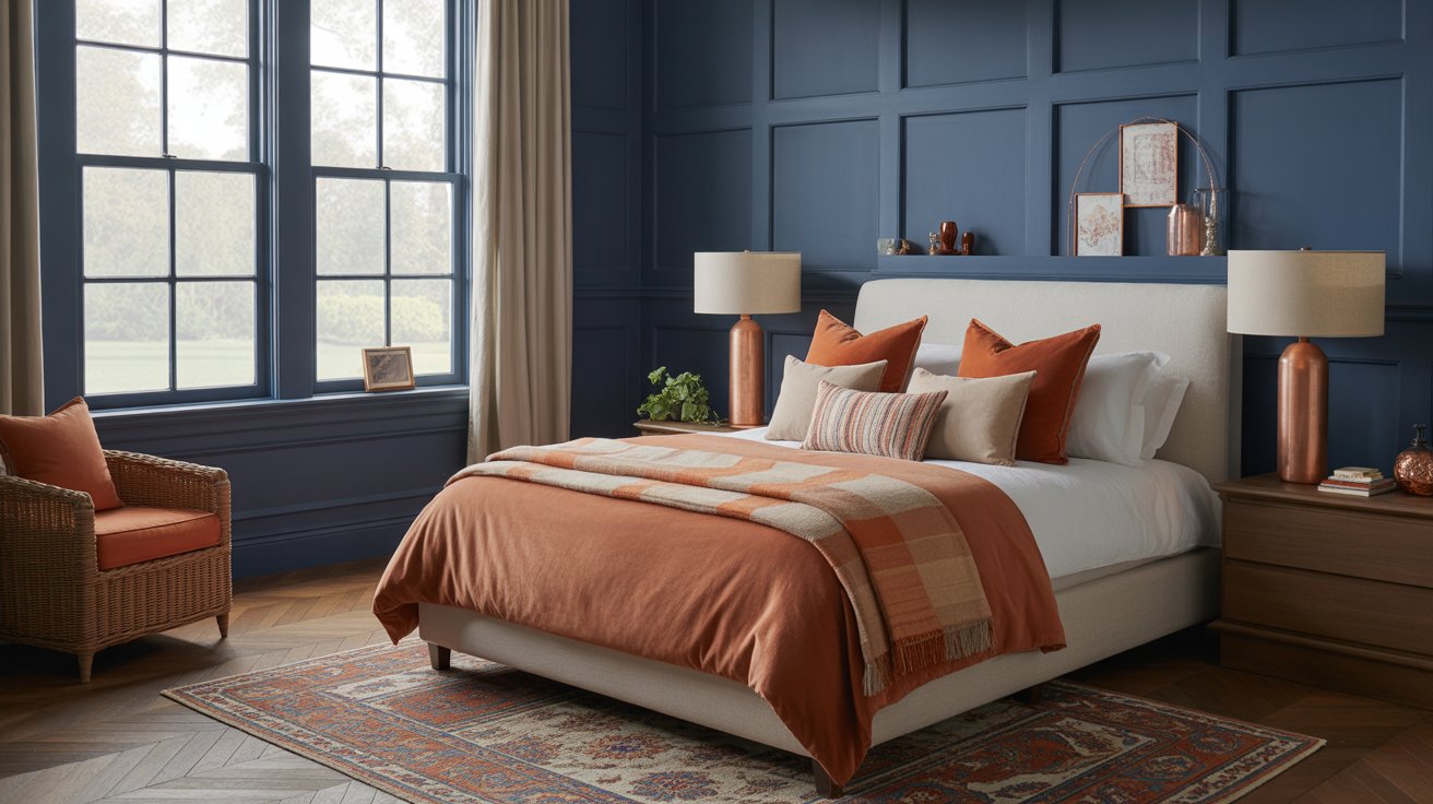 A cozy bedroom with a navy blue paneled wall, rust and beige bedding, terracotta lamps on wooden nightstands, a wicker chair, large windows with beige curtains, and a patterned rug.