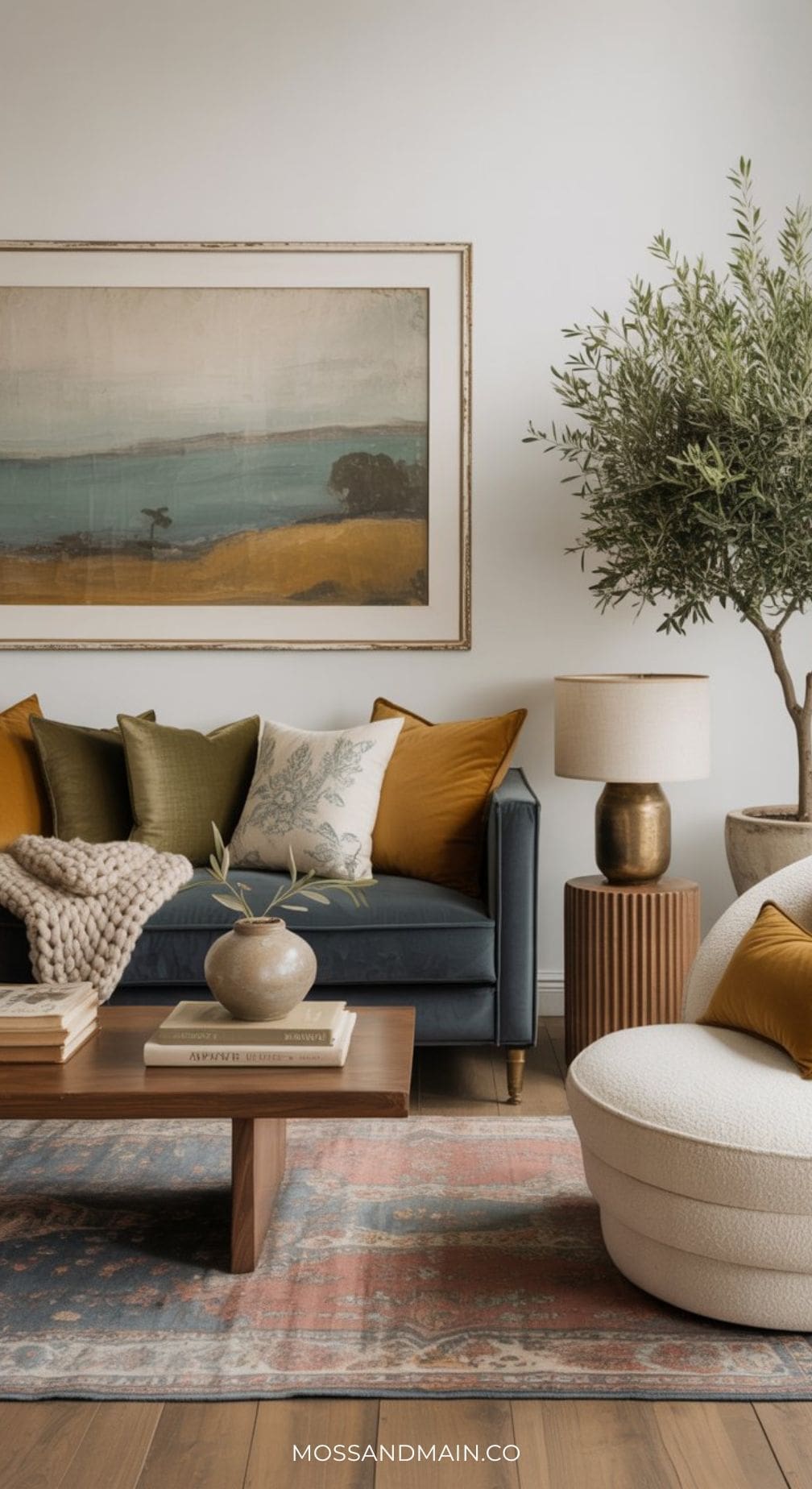 A modern living room with a blue and mustard color palette: a blue sofa, mustard and green pillows, round white chair, wooden coffee table, potted tree, table lamp, landscape painting on the wall, and a patterned rug covering the floor.