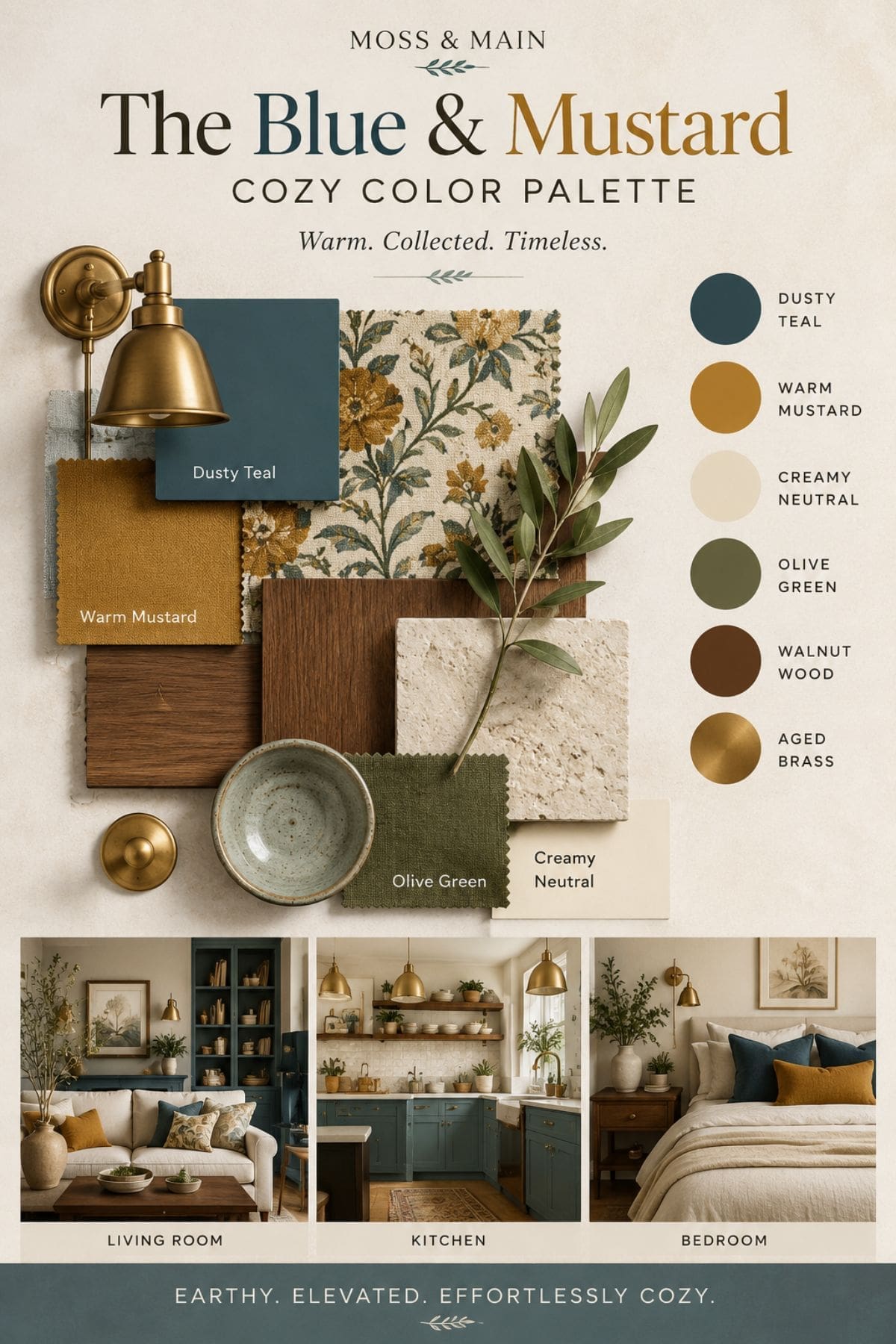 Mood board featuring a cozy blue and mustard color palette with fabric swatches, paint samples, a brass light fixture, and styled photos of a living room, kitchen, and bedroom.