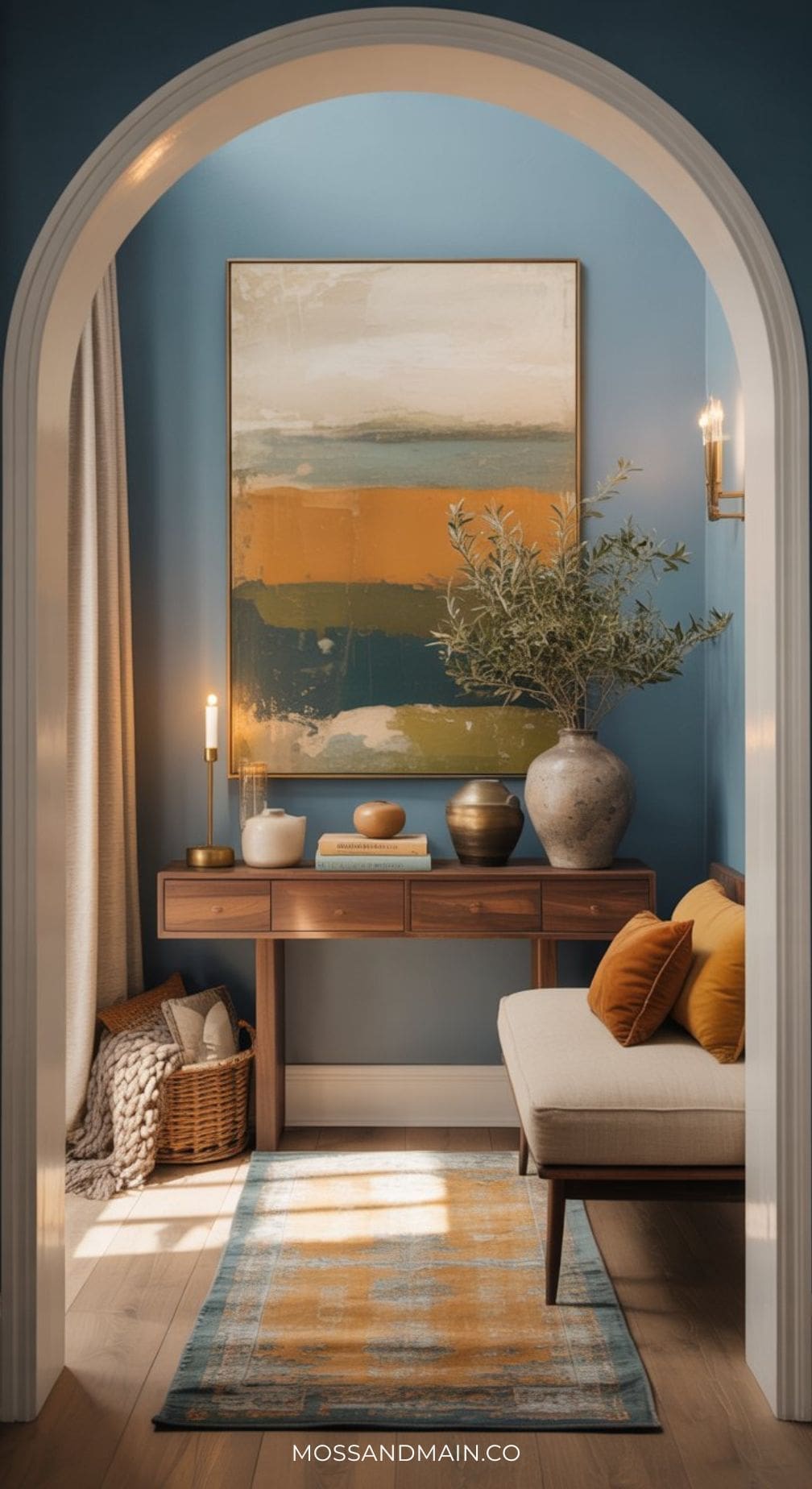 A cozy entryway with a blue and mustard color palette features blue walls, a wooden console table, bench with orange cushions, potted plant, abstract art, warm lighting, and a woven basket. The rug and décor highlight gold and earthy tones.