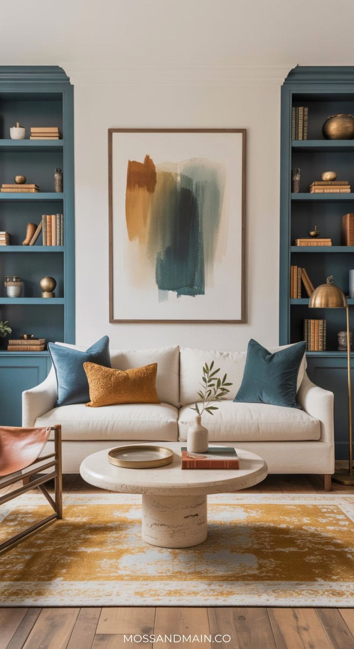 A modern living room with a white sofa, blue and gold pillows, and a round marble coffee table embraces a blue and mustard color palette. Abstract wall art, built-in blue shelves, and a gold and white rug complete the look on wooden floors.