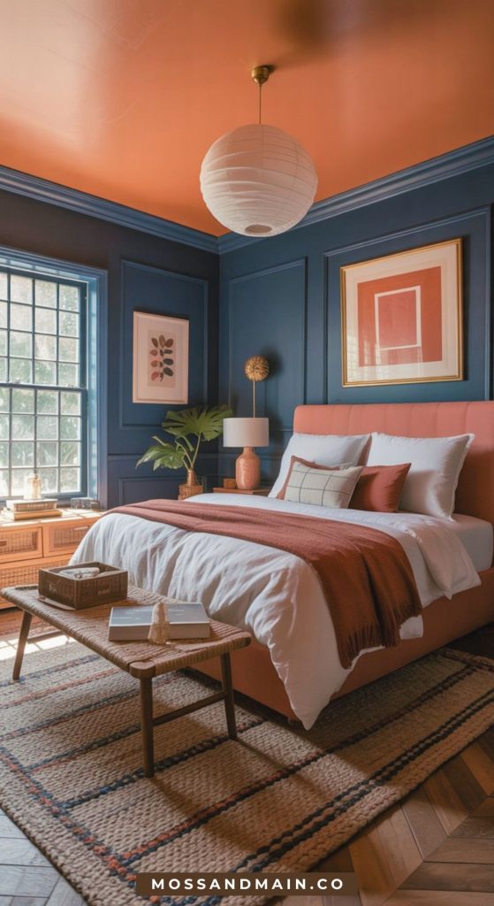 A stylish bedroom with dark blue walls, a terracotta-orange ceiling, and an orange-upholstered bed. White bedding with orange accents, natural wood furniture, a woven rug, framed art, and a large window complete the cozy, modern look.