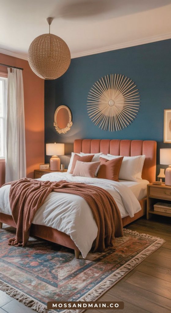 A cozy bedroom with a deep blue accent wall, sunburst wall decor, a terracotta bed frame, white bedding with rust pillows and throw, wooden nightstands, lamps, a woven pendant light, and a patterned rug.