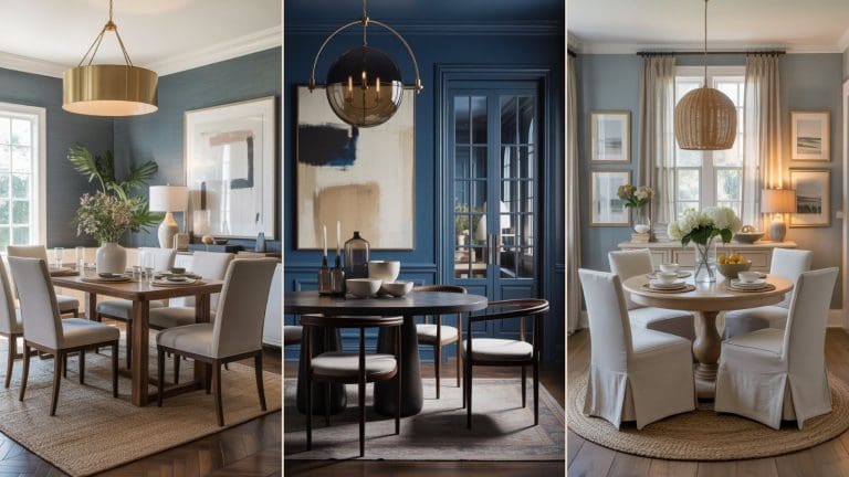 Three elegant dining rooms: the first with a wood table, white chairs, gold chandelier, and green accents; the second with dark walls and abstract art; the third showcases Blue Dining Room Ideas with blue walls, a round table, and a woven pendant lamp.