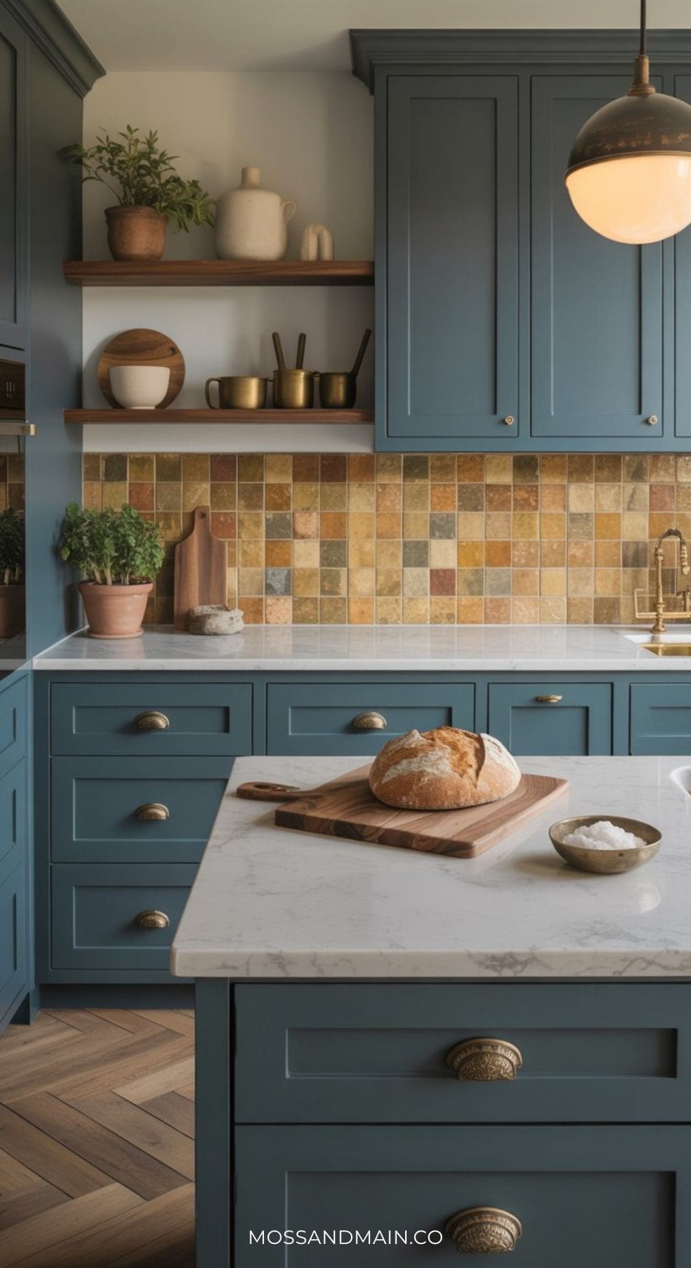 A modern kitchen with a blue color palette features blue cabinets, brass hardware, open wooden shelves, and a multicolored tile backsplash. A loaf of bread rests on a marble countertop, while potted plants and jars add charm to the shelves.