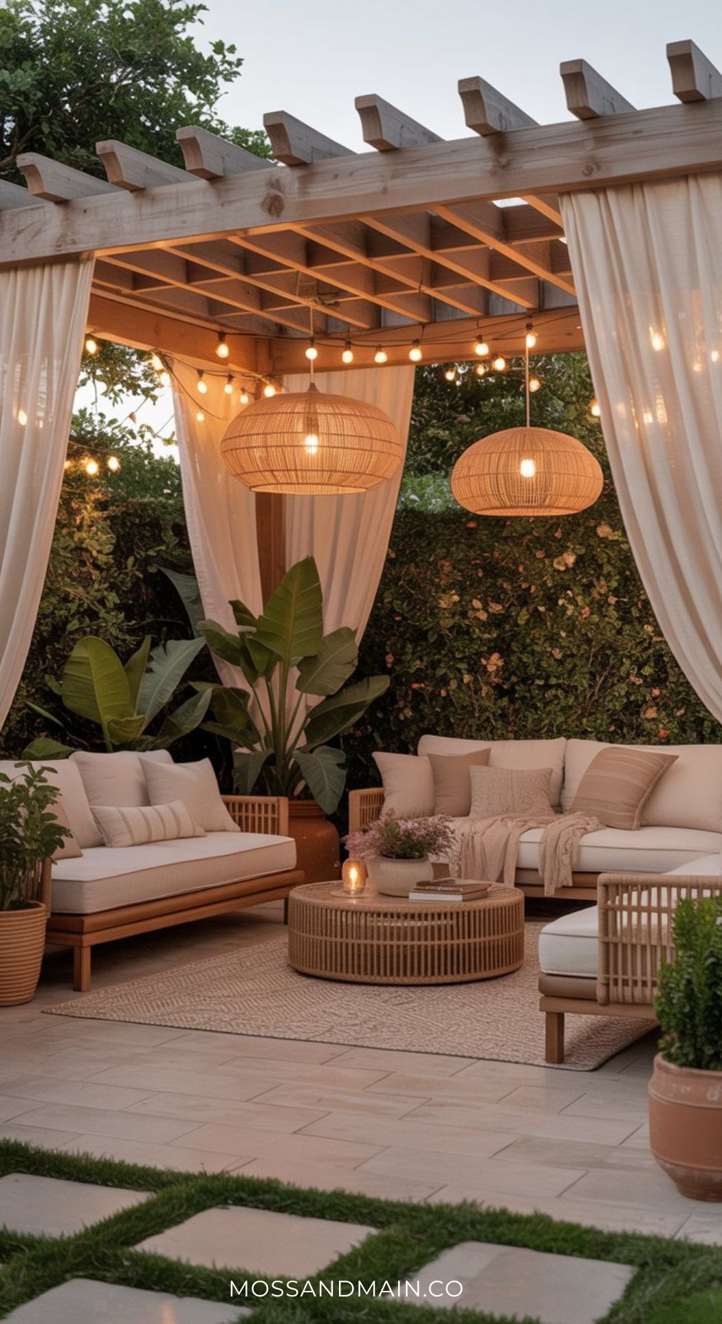 A cozy outdoor patio with a wooden pergola, white curtains, string lights, rattan furniture, neutral cushions, and lush plants—perfect for backyard glow-up inspiration and relaxing boho patio ideas.