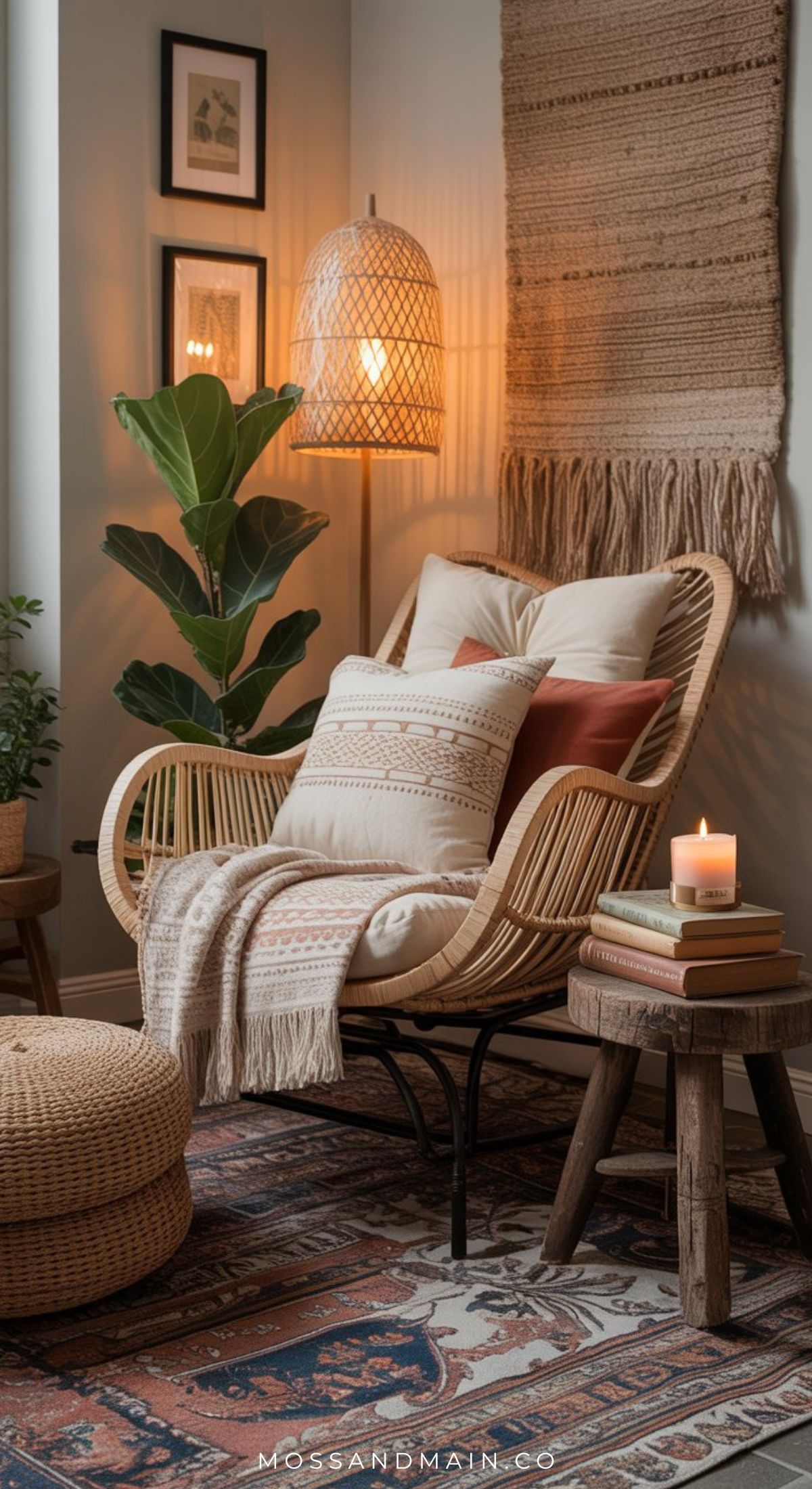A cozy reading nook with a rattan chair, layered cushions, a soft throw, and warm lighting from a wicker lamp—this Little Escape features a woven pouf, small wooden table with a lit candle, potted plant, and wall art for perfect relaxation.