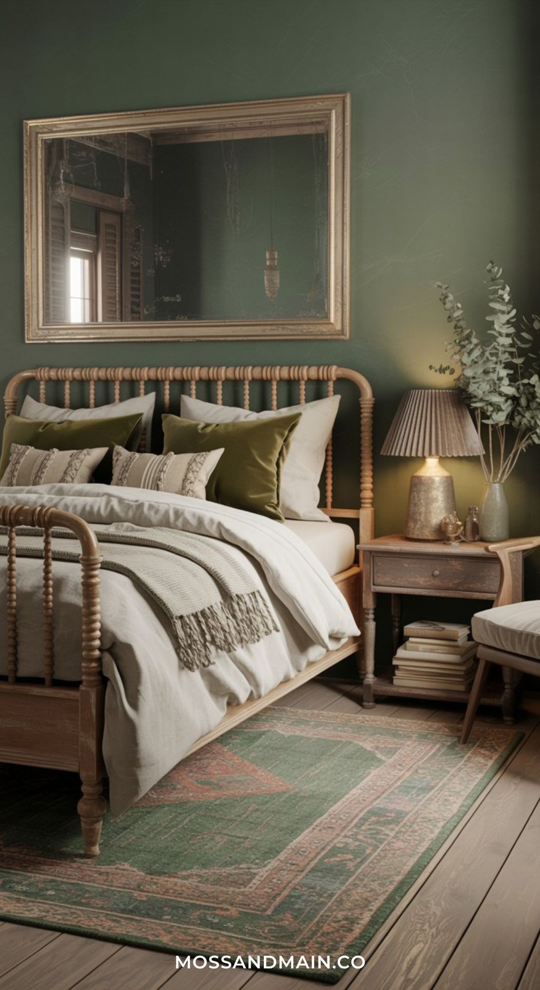 A cozy, layered bedroom with a wooden bed, green and beige bedding, green accent pillows, a nightstand with a lamp and books, a vase with greenery, and a large mirror on a green wall—perfect for Green Boho Bedroom inspiration.