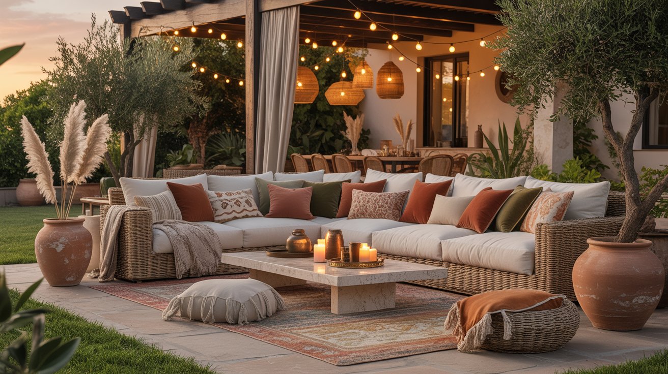 A cozy outdoor patio with a wicker sectional sofa, colorful pillows, and a stone coffee table with candles. String lights and lanterns illuminate the covered dining area, creating dreamy boho patio vibes. Lush plants surround this luxury backyard retreat.