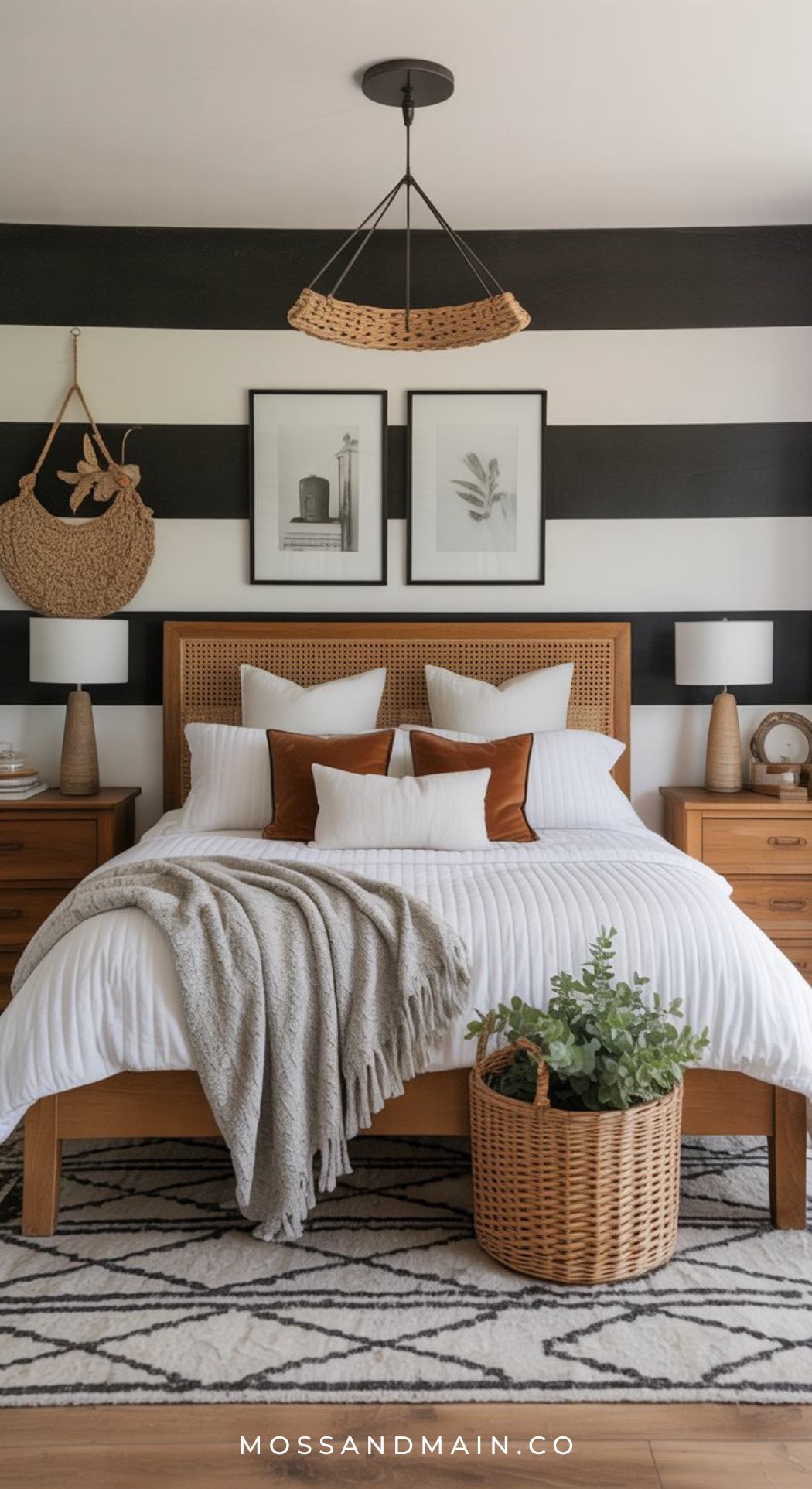 A cozy black white and brown bedroom with a wood bed frame, white bedding, brown accent pillows, a gray throw, matching nightstands, striped wall, framed art, and a woven basket with greenery at the foot of the bed.