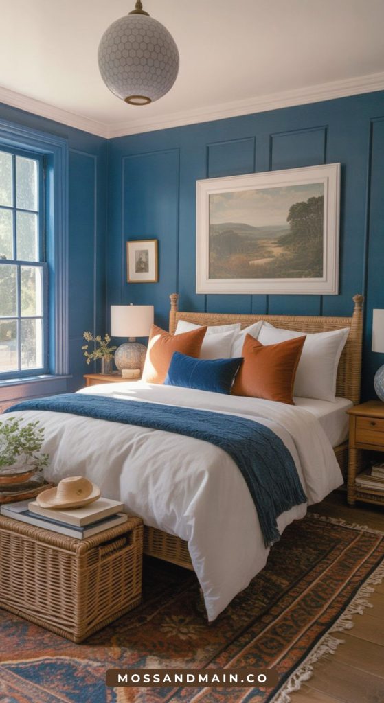 A cozy bedroom with blue paneled walls, a woven bed frame, white bedding, rust and navy accent pillows, a terracotta-toned throw blanket, landscape art above the bed, and natural light from a large window. A wicker trunk sits at the bed’s foot.