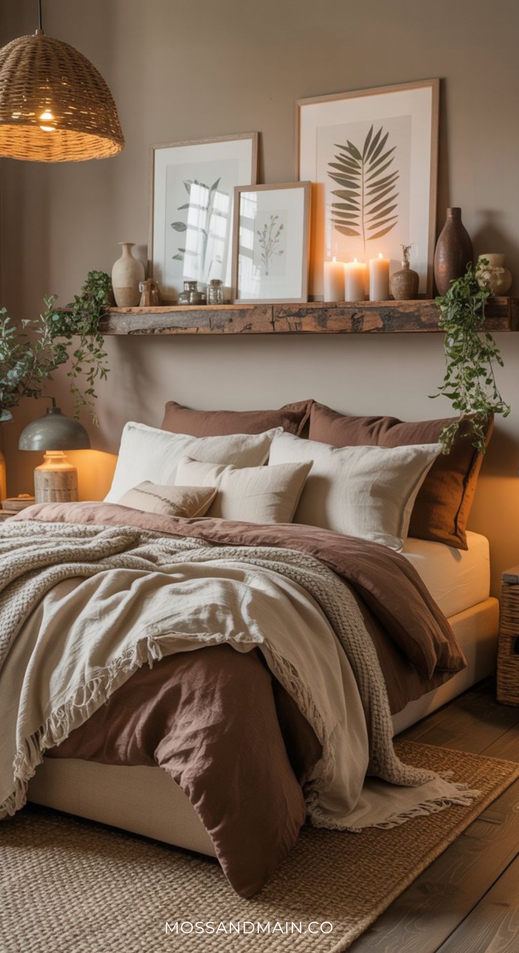 Cozy mocha bedroom with earth-tone bedding, pillows, and a knit throw. A wooden shelf above the bed displays botanical art, candles, and pottery. Soft lighting and natural decor make this a perfect slow-living sanctuary.