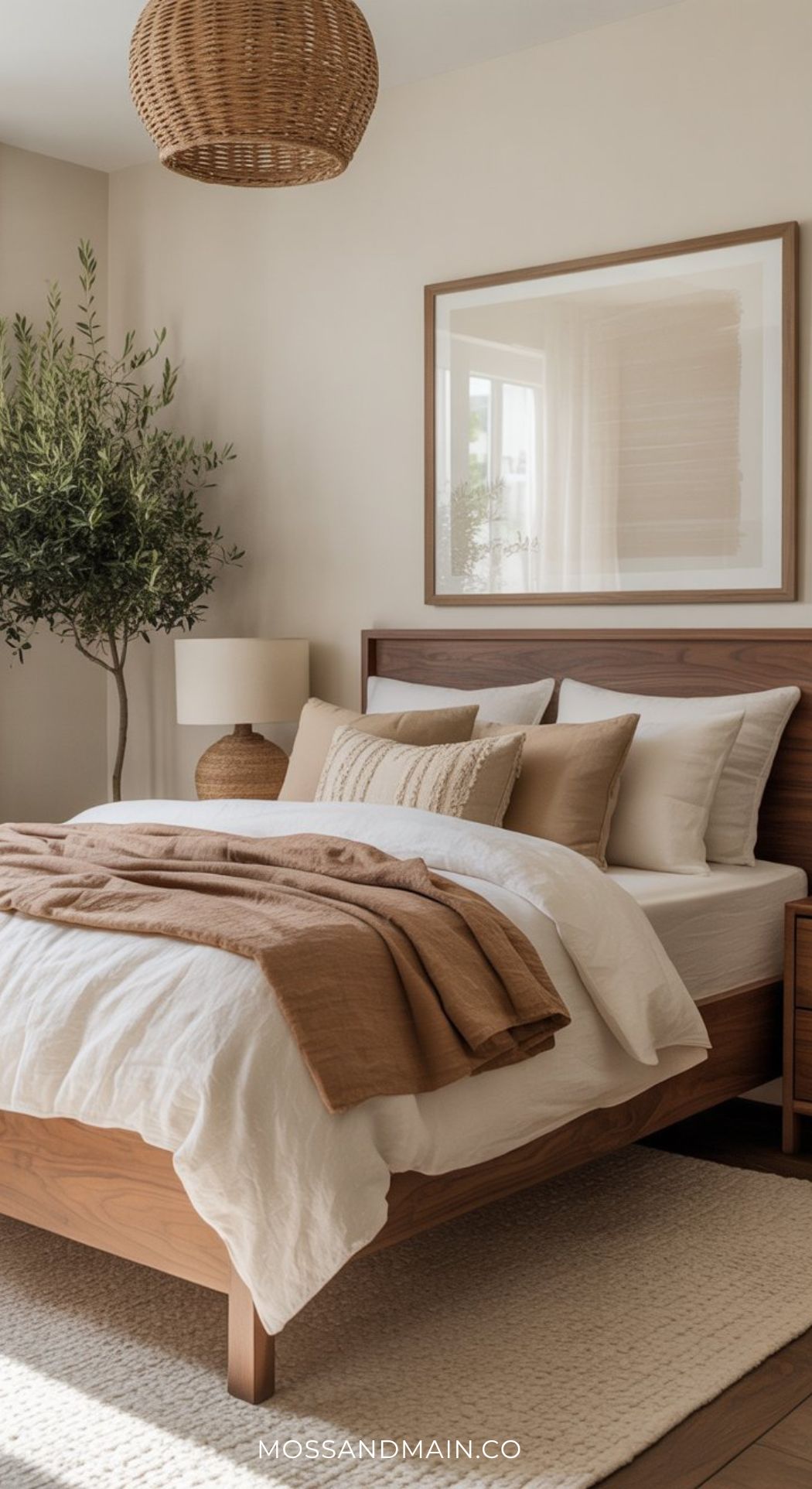A cozy Mocha bedroom features a wooden bed with white and beige bedding, a brown throw blanket, a wicker pendant lamp, an indoor plant, framed artwork, and neutral decor—perfect for slow-living sanctuary bedroom ideas. Natural light fills the room.