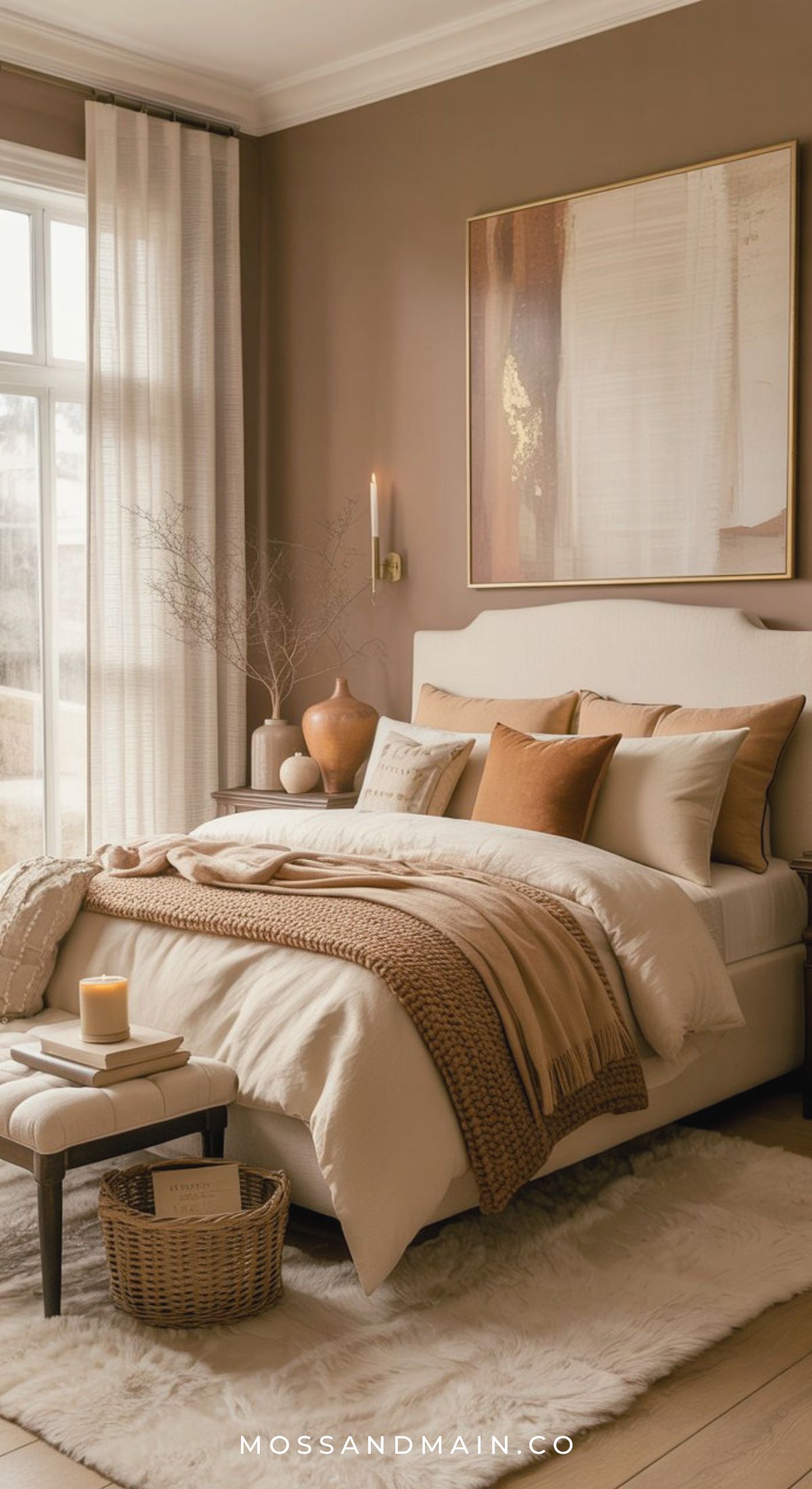 Cozy bedroom with neutral tones, a bed layered with cream and brown bedding, tan and rust throw pillows, a soft rug, a basket, a candle, bench with books, large window with sheer curtains—earthy bedroom decor and abstract wall art above the bed.