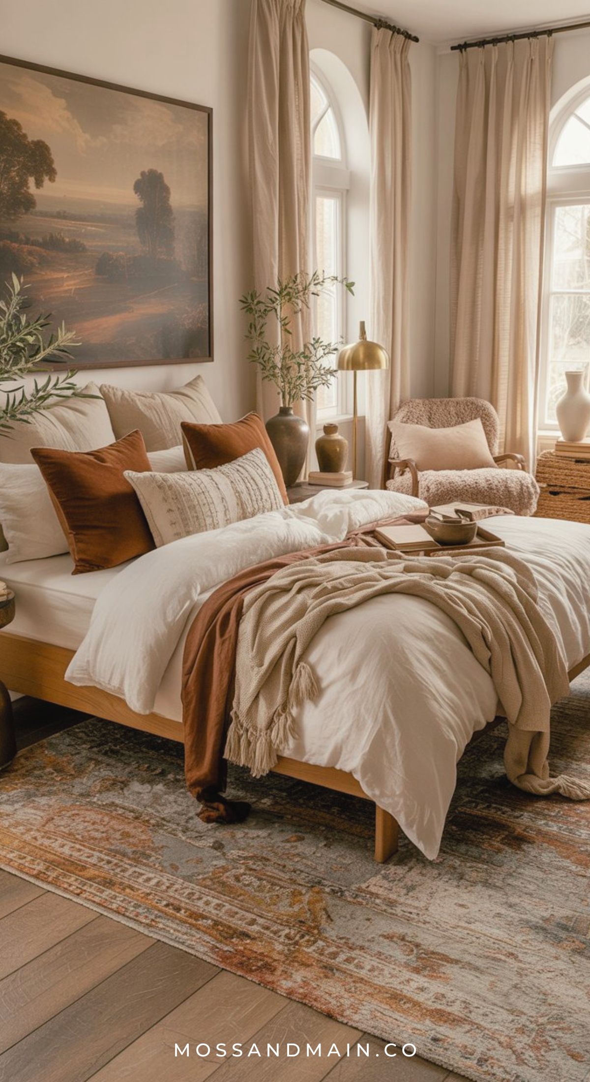 Cozy bedroom ideas come to life in this earthy bedroom featuring a wooden bed, brown and white bedding, decorative pillows, a beige throw blanket, warm-toned rug, large windows with beige curtains, lush plants, and framed wall art above the bed.