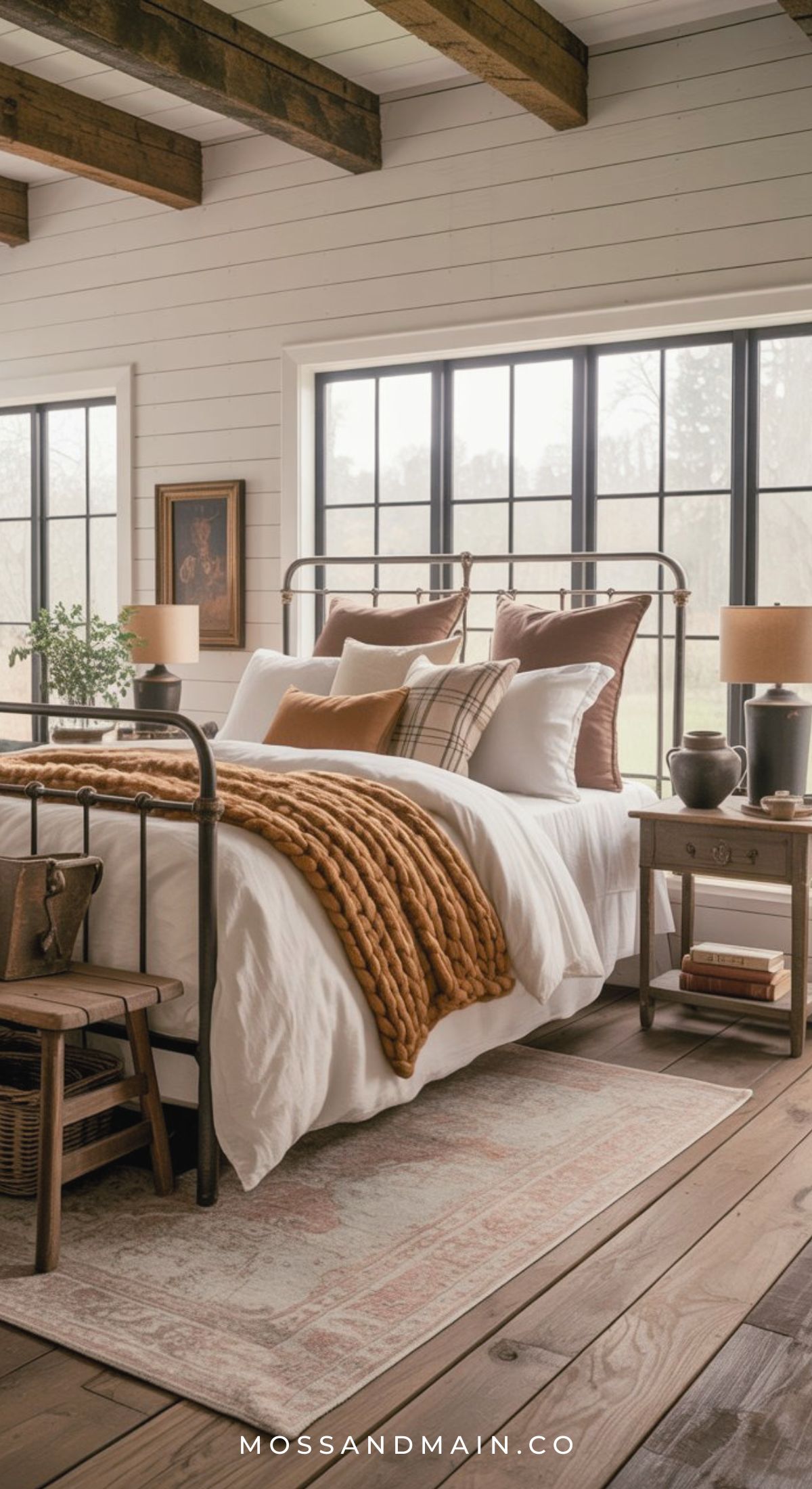 A cozy bedroom with a metal bed frame, white bedding, tan and rust-colored pillows, chunky knit blanket, wooden ceiling beams, large windows, a rug, and bedside tables—perfect inspiration for earthy bedroom and cozy bedroom ideas.