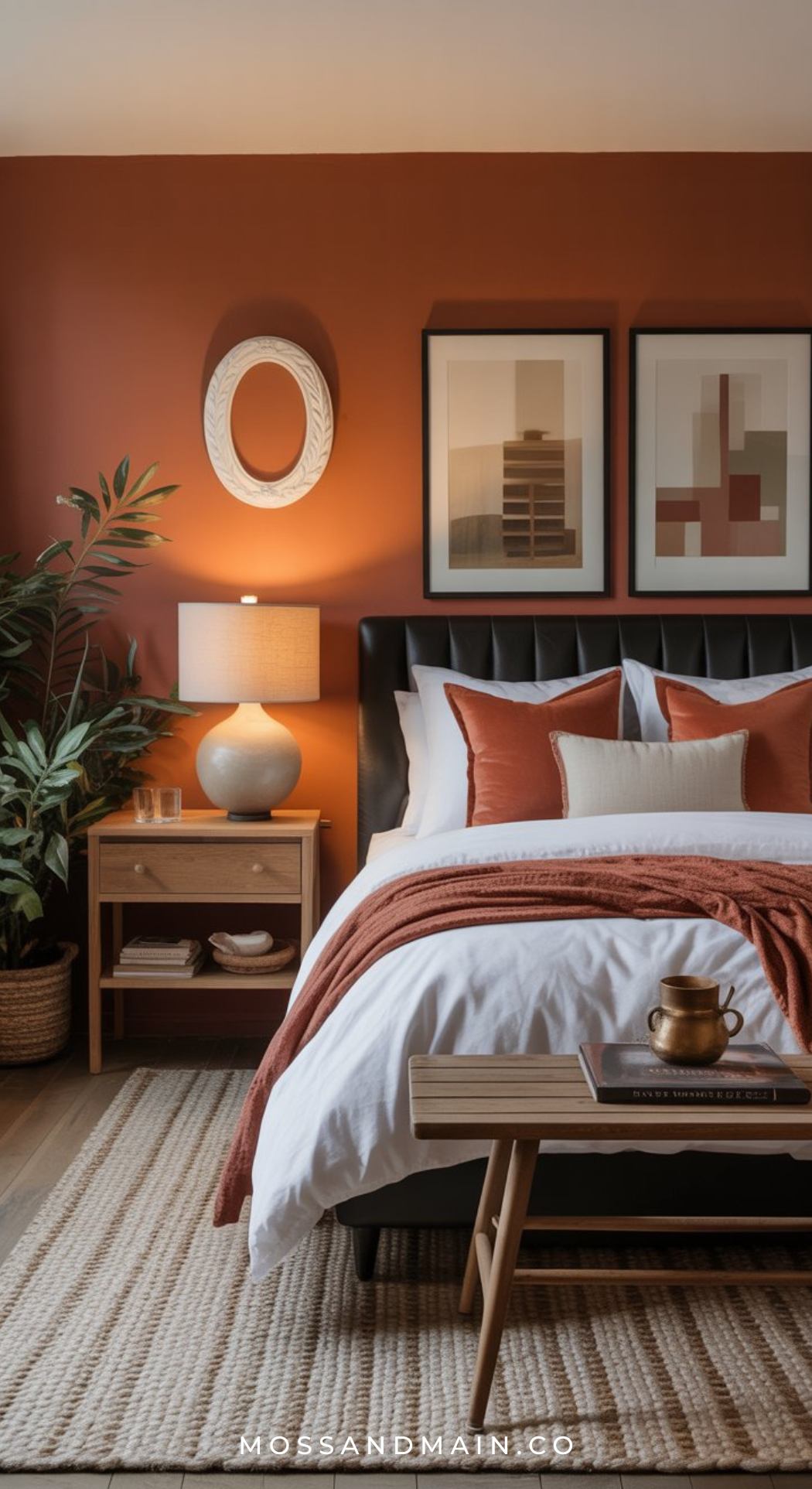 A modern rust orange and brown bedroom with a burnt orange accent wall, dark headboard, white bedding with orange accents, wooden nightstand and bench, table lamp, abstract art, and a potted plant beside the bed.
