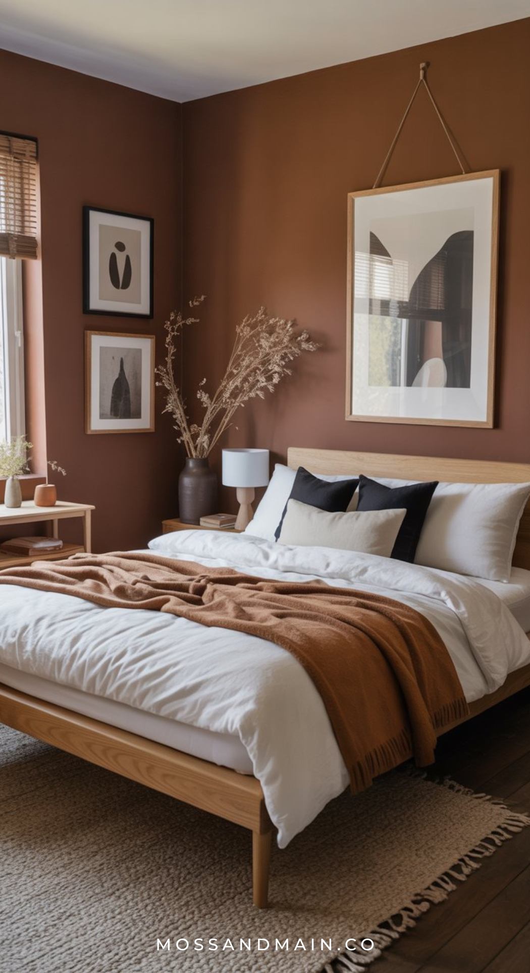 A cozy black, white, and brown bedroom with brown walls, a wooden bed frame, crisp white bedding, a brown blanket, minimalist artwork, dried plants in a vase, a bedside lamp, and natural light streaming through wooden blinds.