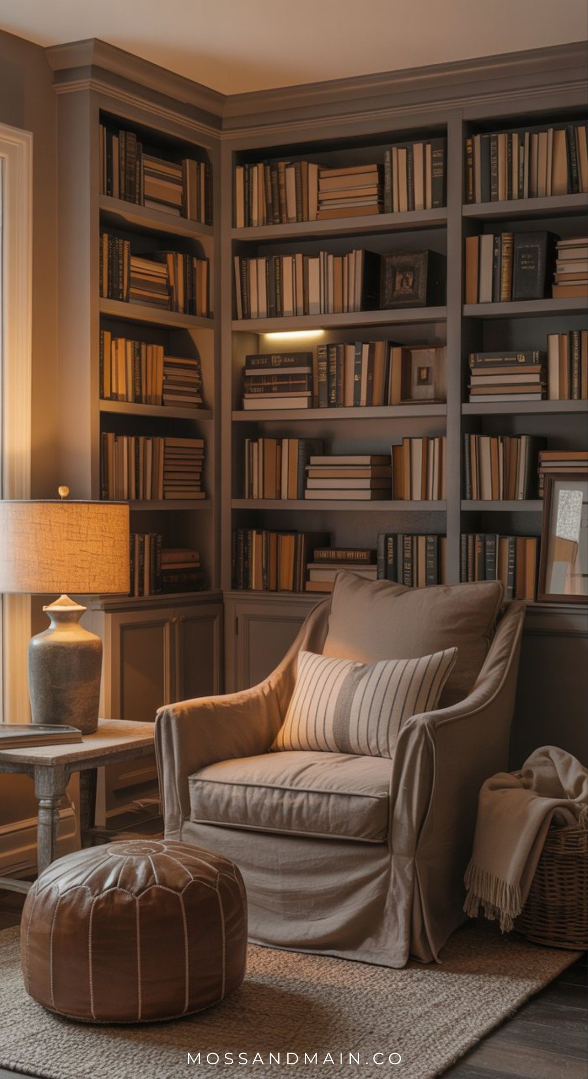 A cozy reading nook with a cushioned armchair, striped pillow, leather pouf, and a side table with a lit lamp offers the perfect little escape, set against floor-to-ceiling bookshelves filled with books in a warmly lit room.