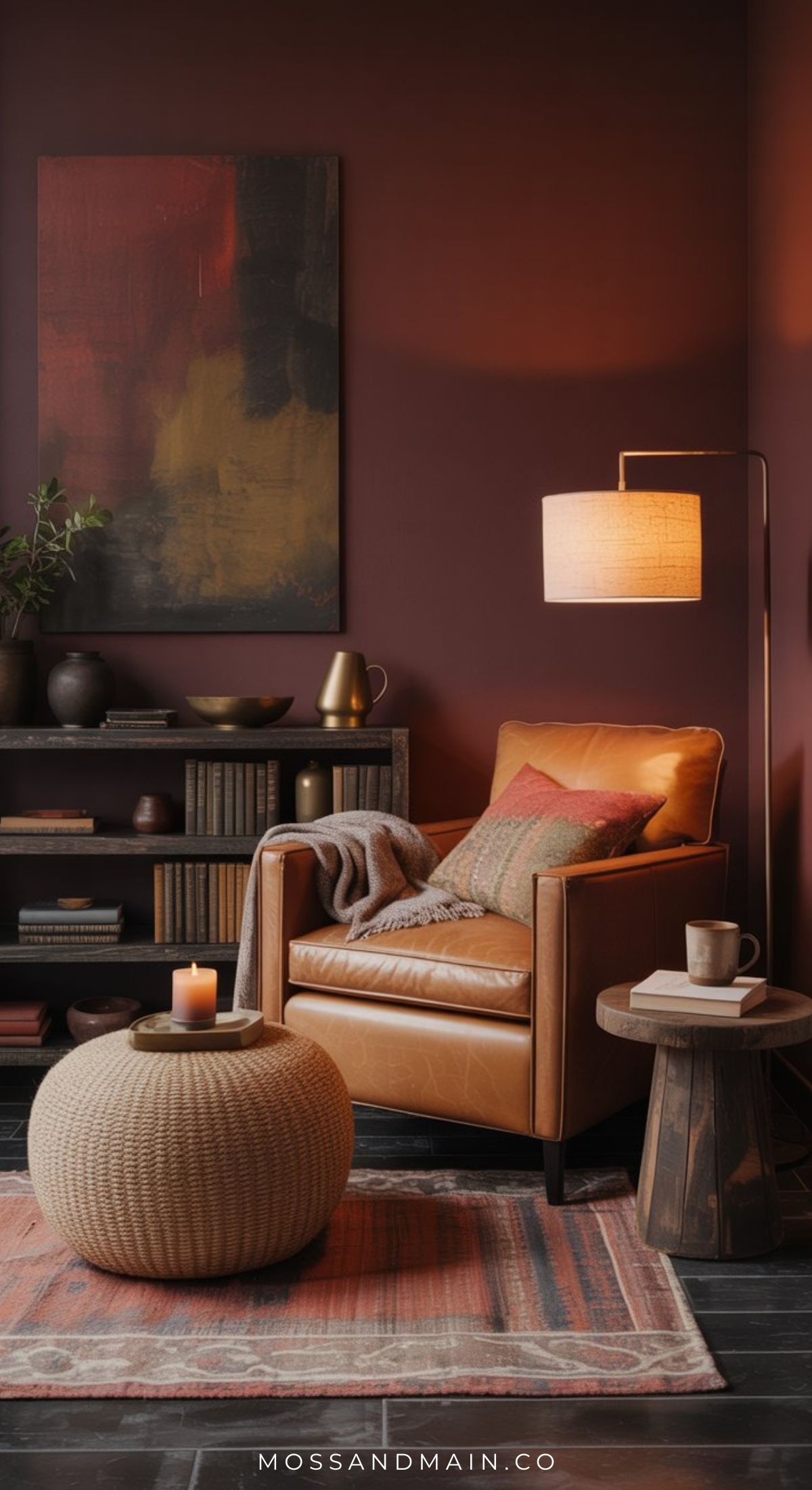 A cozy living room with a brown leather armchair, throw pillows, a floor lamp, a round woven ottoman with a lit candle, a side table with a mug, and shelves with books and decor against a dark red wall.