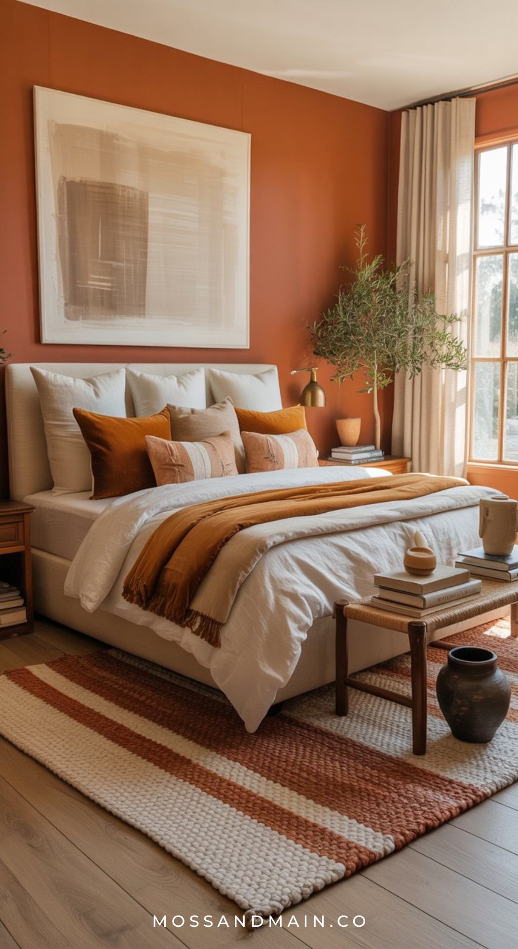 A cozy, earthy bedroom with a beige upholstered bed, white and rust-colored bedding, wooden furniture, a large abstract artwork on a burnt orange wall, striped rug, and natural light—perfect for Rust Orange Bedroom inspiration.