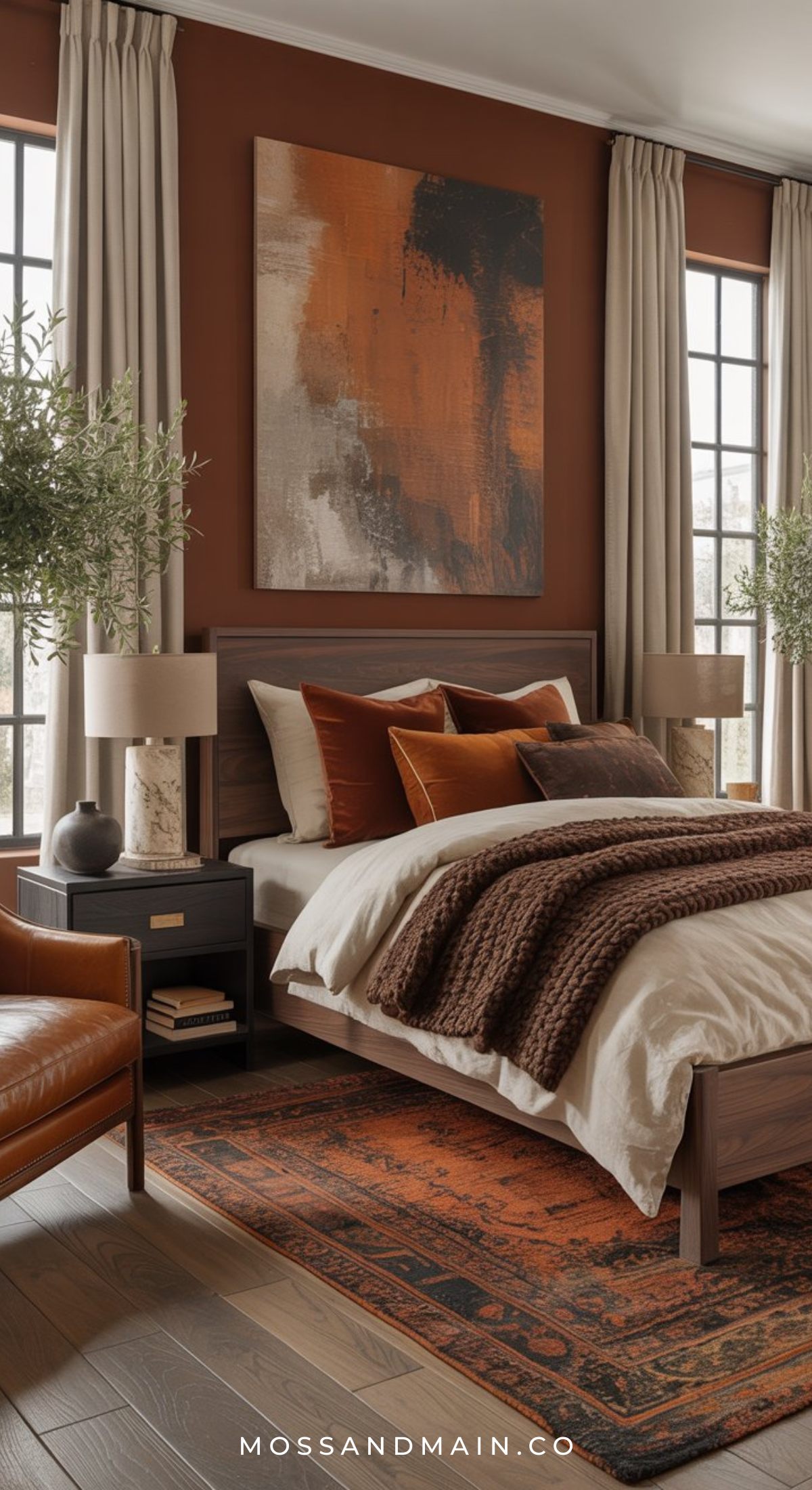 A cozy earthy bedroom with brown and rust orange decor, featuring a wooden bed with rust-colored pillows, a chunky knit throw, modern nightstands, large abstract art, tall curtains, and lush plants by tall windows.