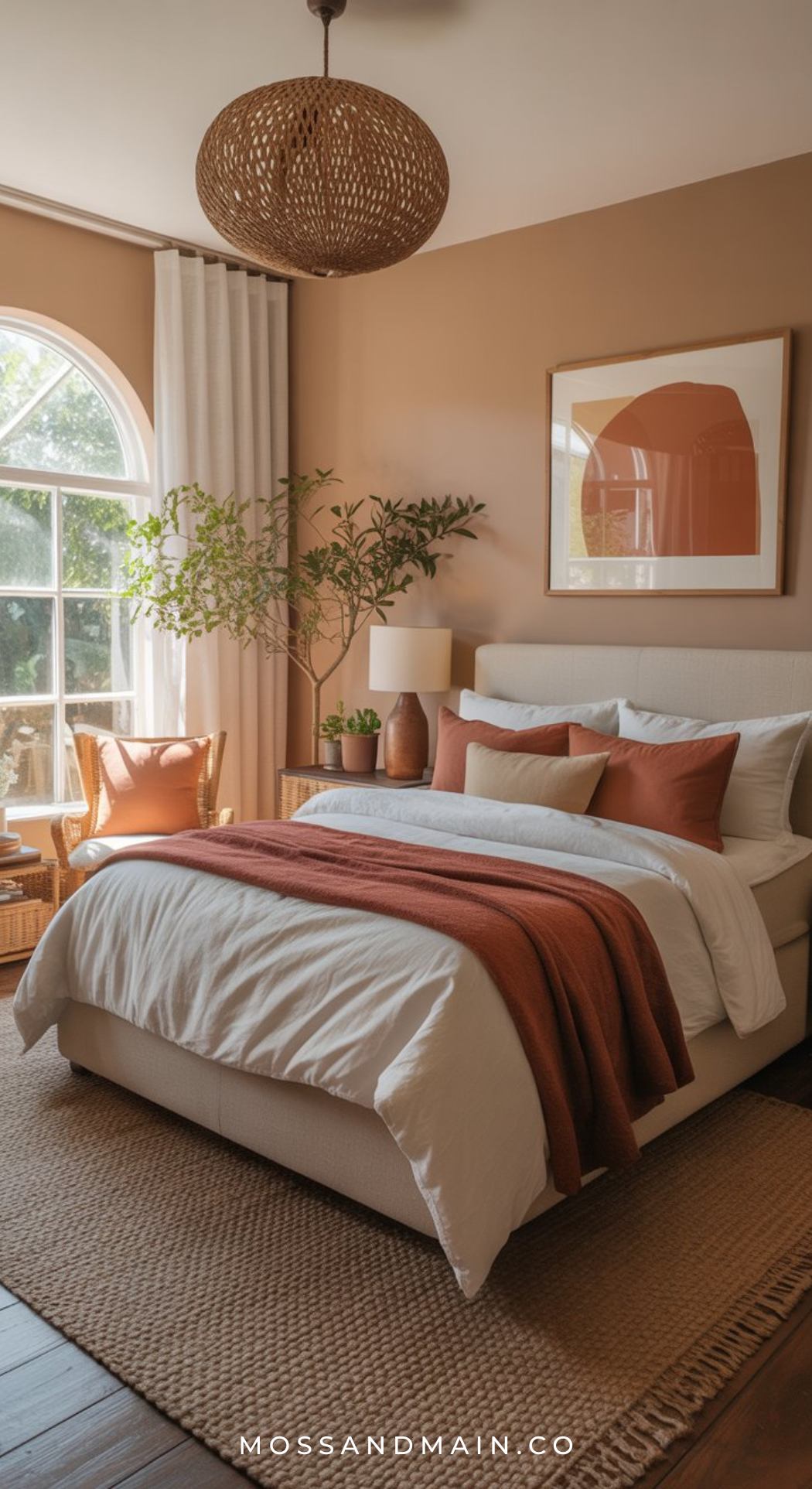 A cozy rust orange bedroom with earthy tones, featuring a plush bed with rust-colored bedding, a woven rug, rattan pendant light, large window with sheer curtains, indoor plant, wicker chair, and modern wall art.