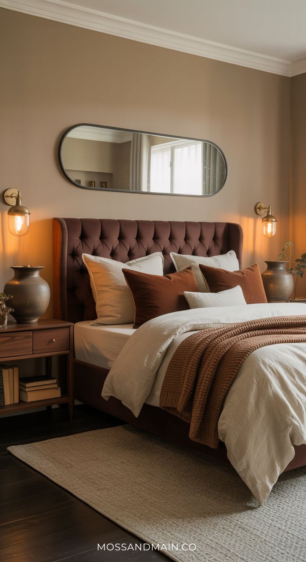 A cozy sanctuary, this mocha bedroom features a tufted brown headboard, neutral bedding, wooden nightstands with lamps, a large oval mirror above the bed, and soft natural light—perfect for embracing slow-living.