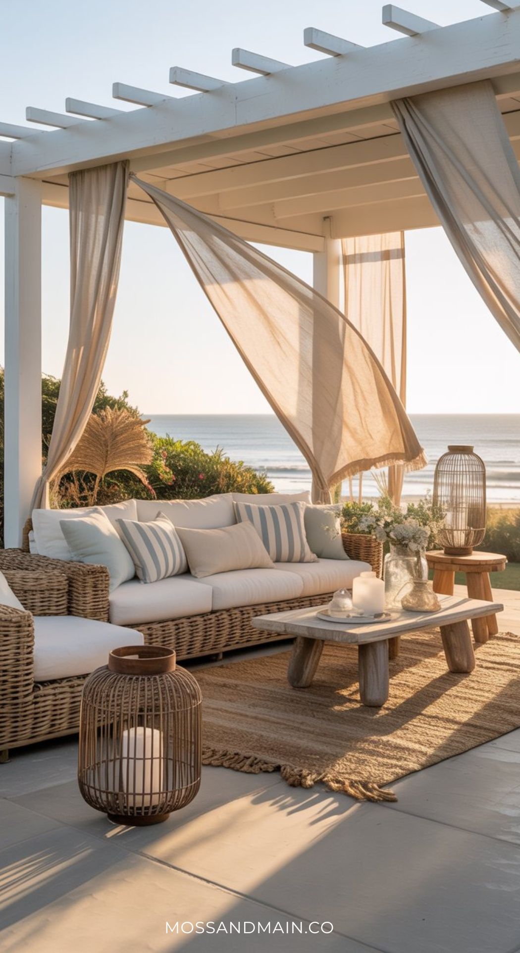 A coastal outdoor lounge with wicker furniture, striped cushions, and a wooden coffee table under a white pergola overlooking the ocean at sunset—perfect for luxury backyard or cozy patio inspiration. Candles and decor add a serene, inviting vibe.