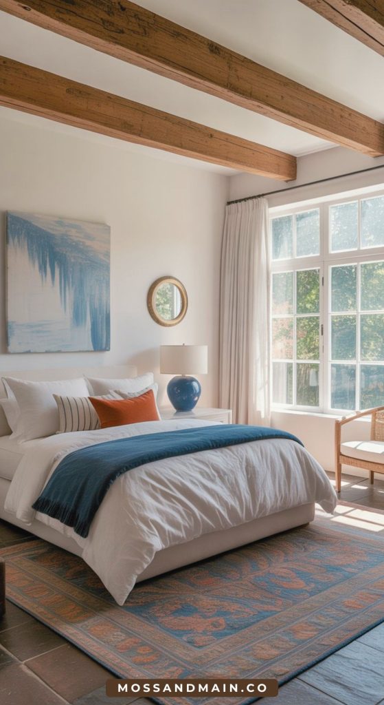 A bright, cozy bedroom with large windows, wood ceiling beams, a bed with white and blue bedding, touches of terracotta, a blue lamp on a nightstand, abstract wall art, a round mirror, and a woven chair by the window.