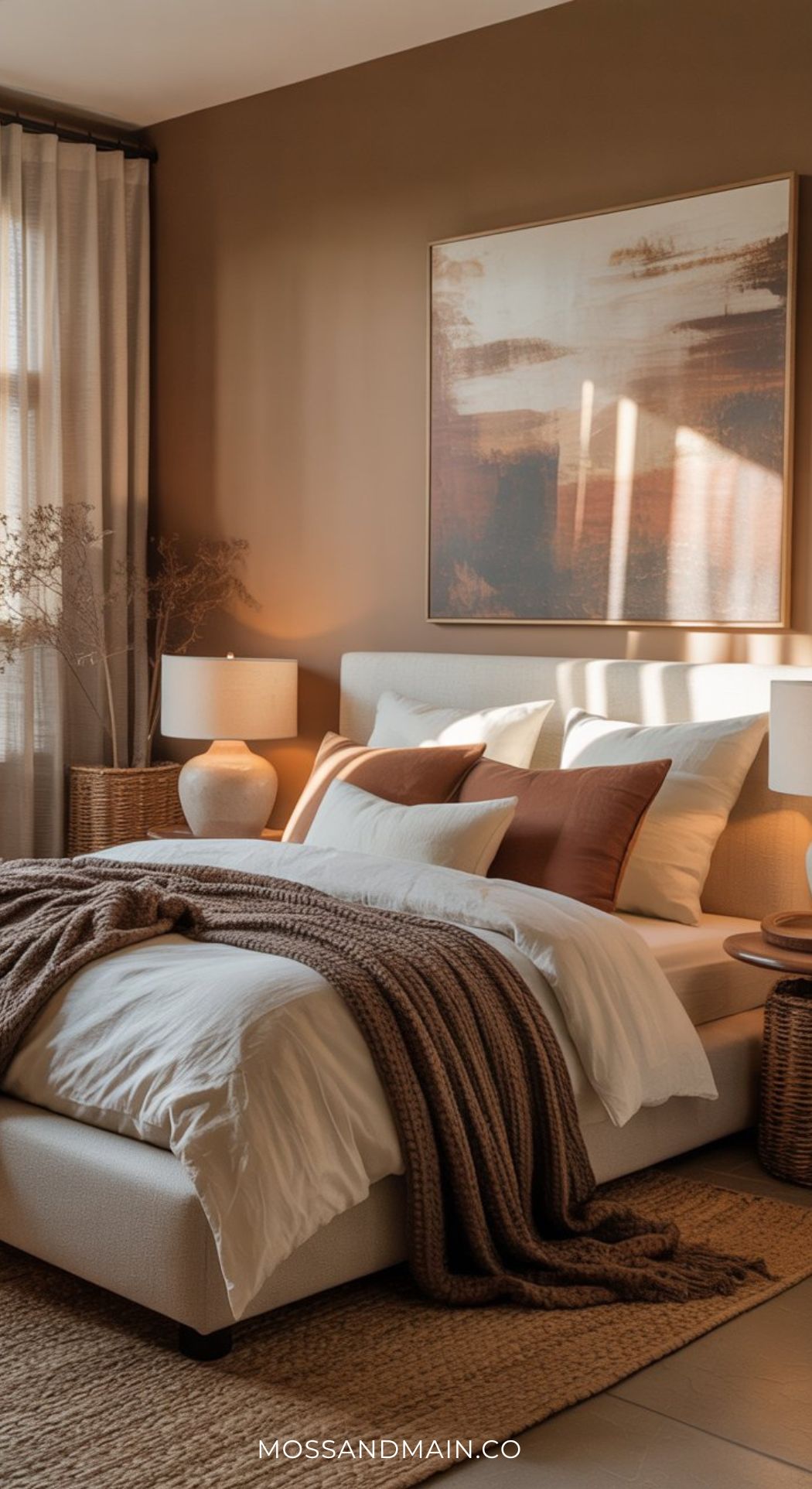 A cozy mocha bedroom idea with warm brown walls, a large abstract painting, neutral bedding layered with brown and white pillows, a chunky knit blanket, and two bedside tables with lamps—a true slow-living sanctuary bathed in soft sunlight.