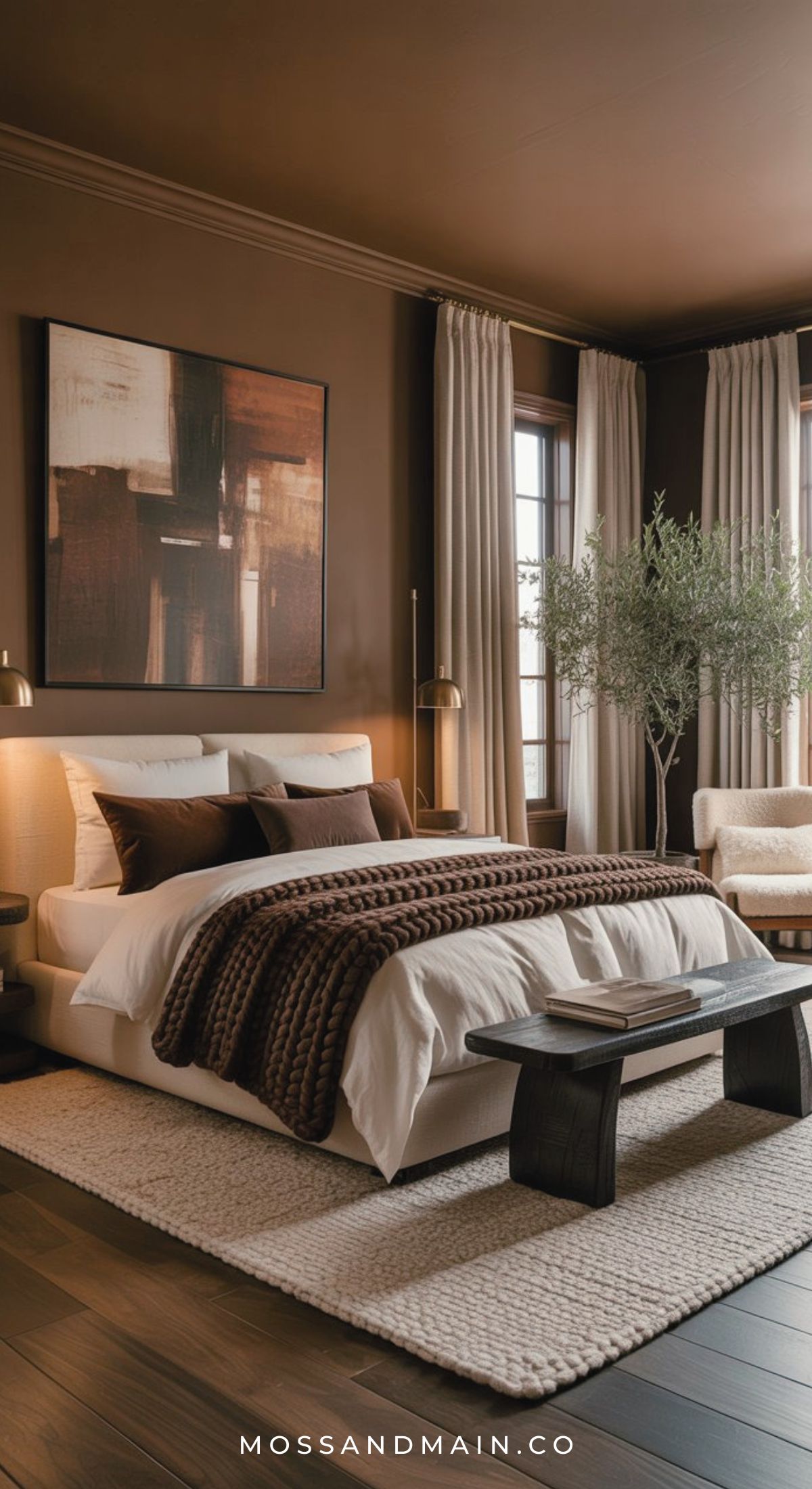 Contemporary brown and white bedroom with layered pillows, chunky knit throw, and large abstract art. Pendant lights, a bench, and an armchair beside a potted tree add to the earthy bedroom decor—elegant inspiration for cozy bedroom ideas.