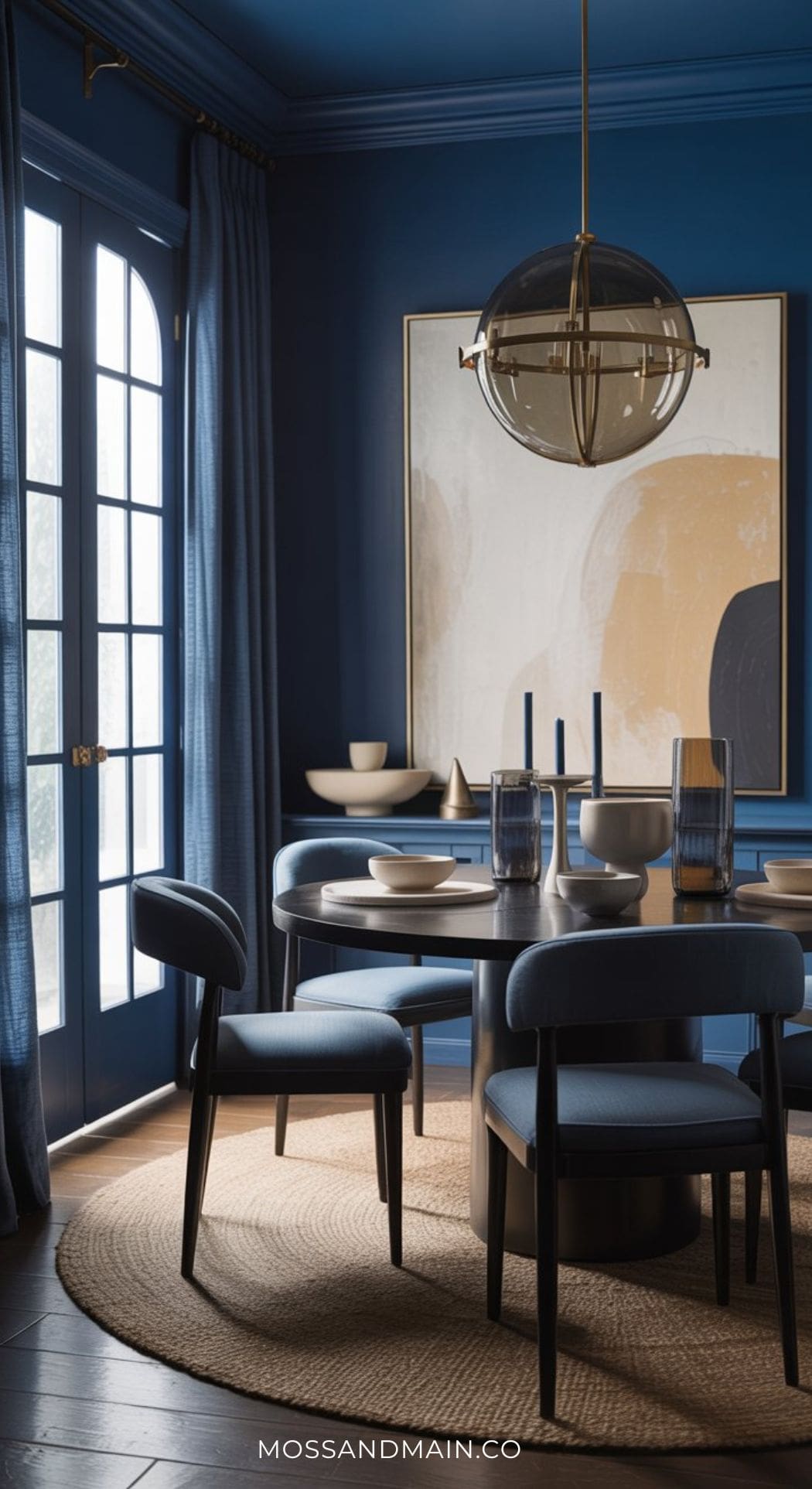 A modern blue dining room with deep blue walls, a round table set with dishware, blue chairs, a large abstract painting, glass vases, and a globe pendant light above—perfect inspiration for stylish Blue Dining Room Ideas. Sunlight filters through French doors.