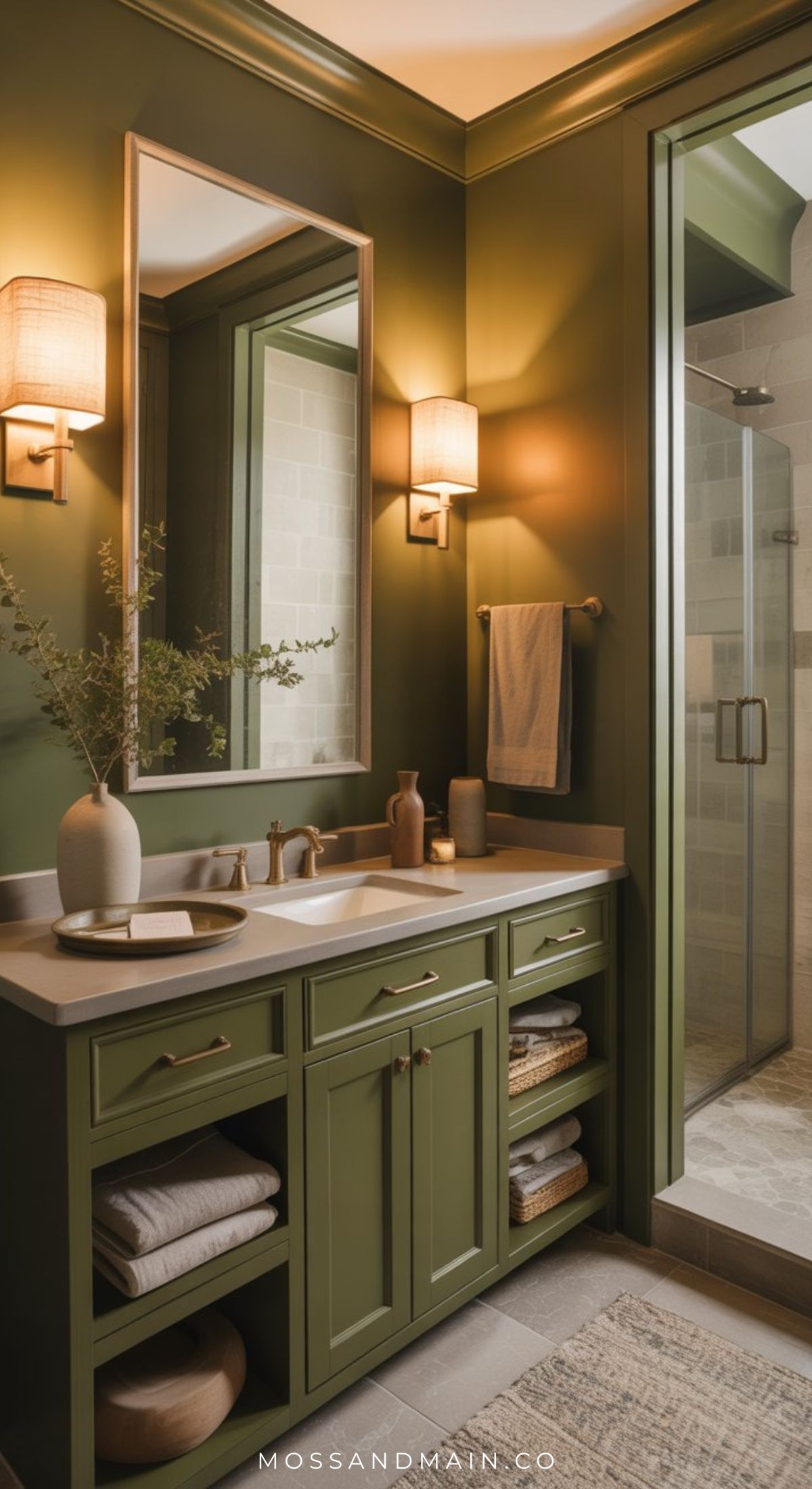 A stylish olive green bathroom features sleek cabinets, a large mirror, wall sconces, a white countertop, and neatly folded towels on open shelves. A glass shower is visible, and a vase with greenery sits on the counter—perfect for modern bathroom ideas.