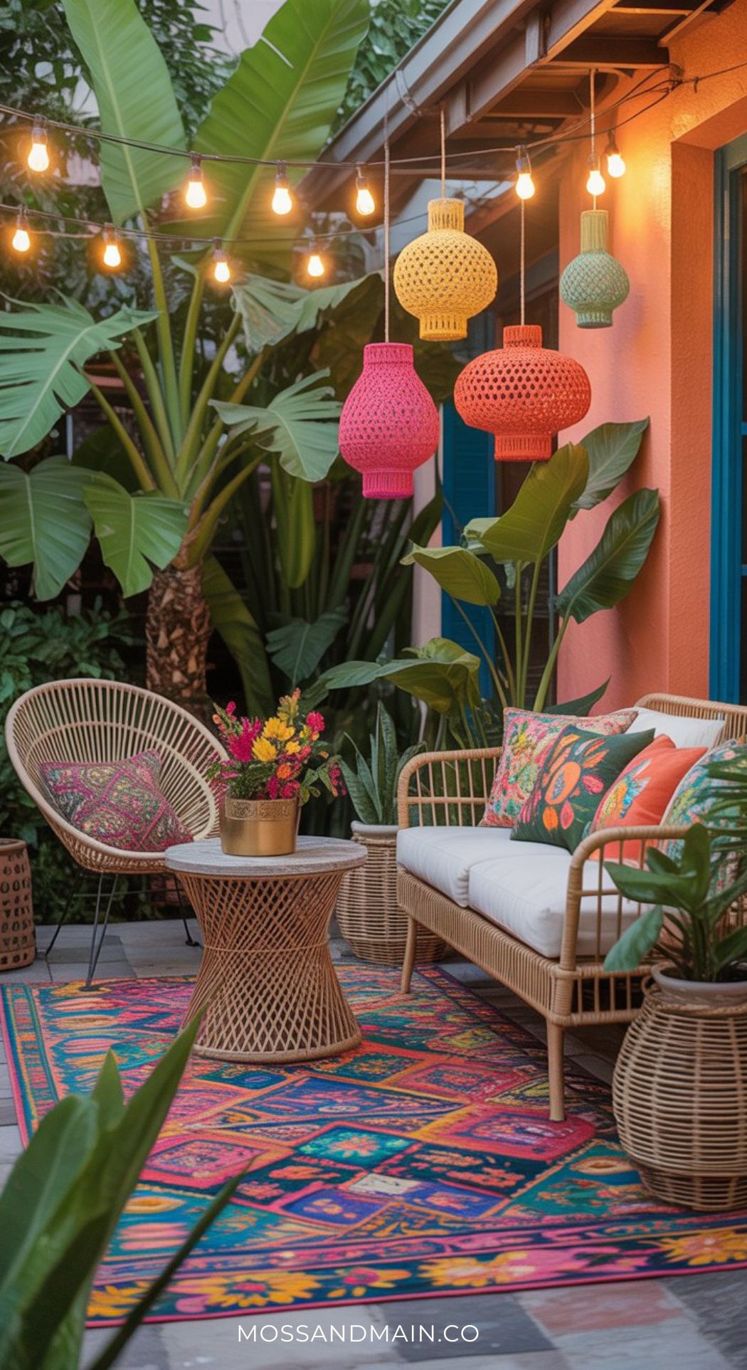 Cozy patio with rattan furniture, colorful pillows, round table of flowers, vibrant patterned rug, tropical plants, and woven lanterns under string lights—perfect for gathering boho patio ideas and adding luxury backyard vibes.