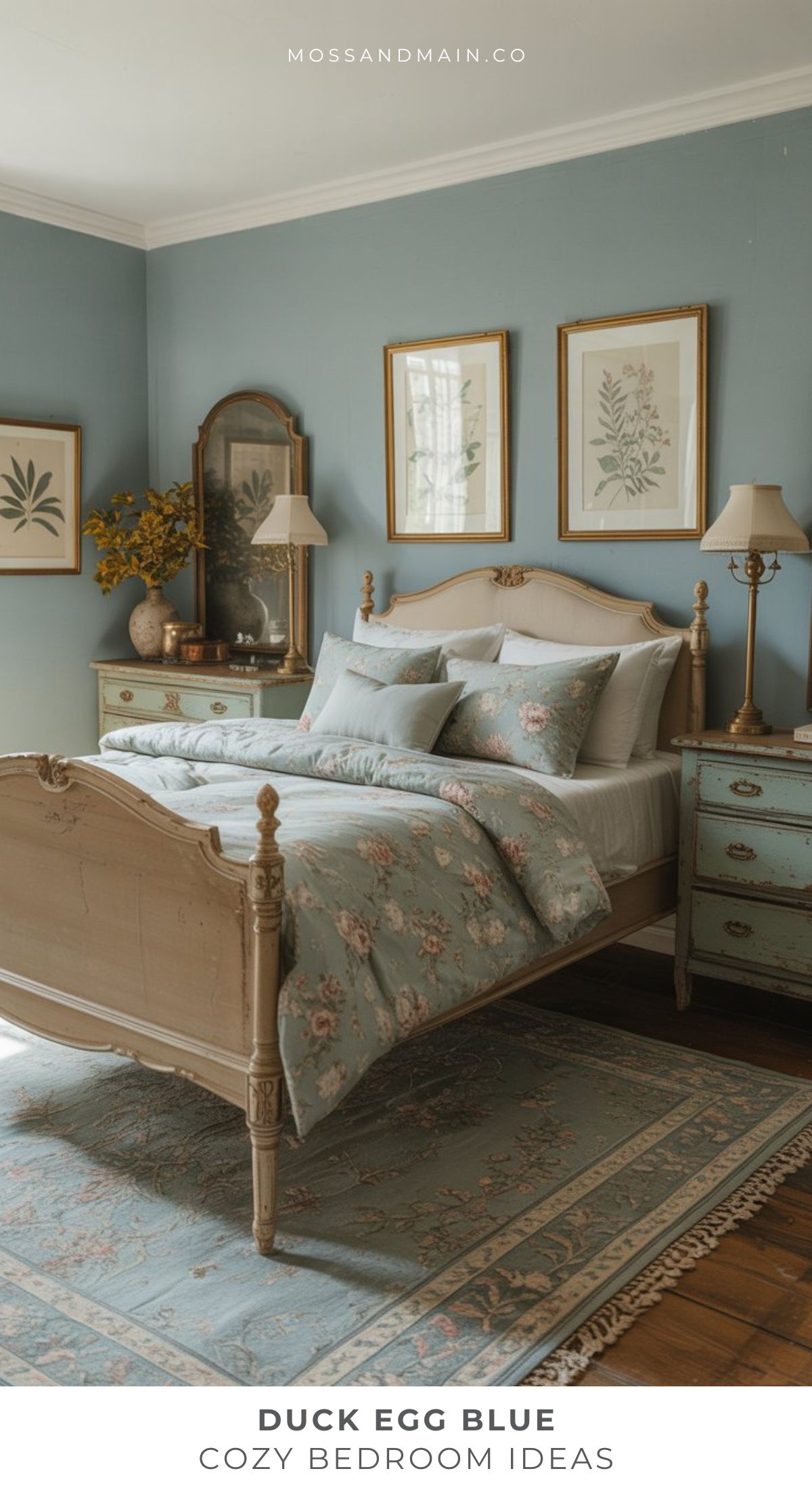 A cozy Duck Egg Blue Bedroom with floral bedding, matching vintage dressers, gold framed mirrors, botanical prints, and soft table lamp lighting—perfect for those seeking elegant bedroom ideas and a warm, inviting atmosphere.