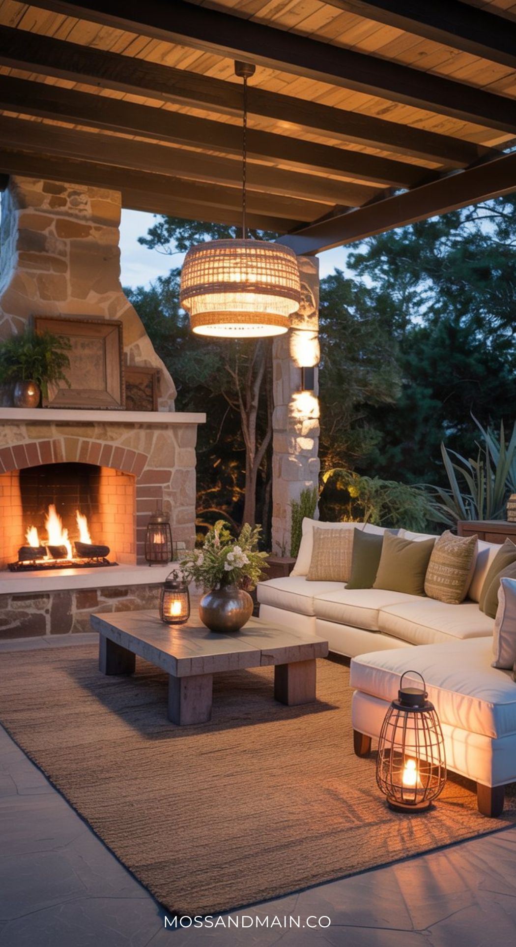 A cozy patio with a stone fireplace, wooden coffee table, white cushioned sofa, lanterns, and a woven chandelier under a pergola surrounded by greenery at dusk—perfect inspiration for boho patio ideas and your next luxury backyard retreat.