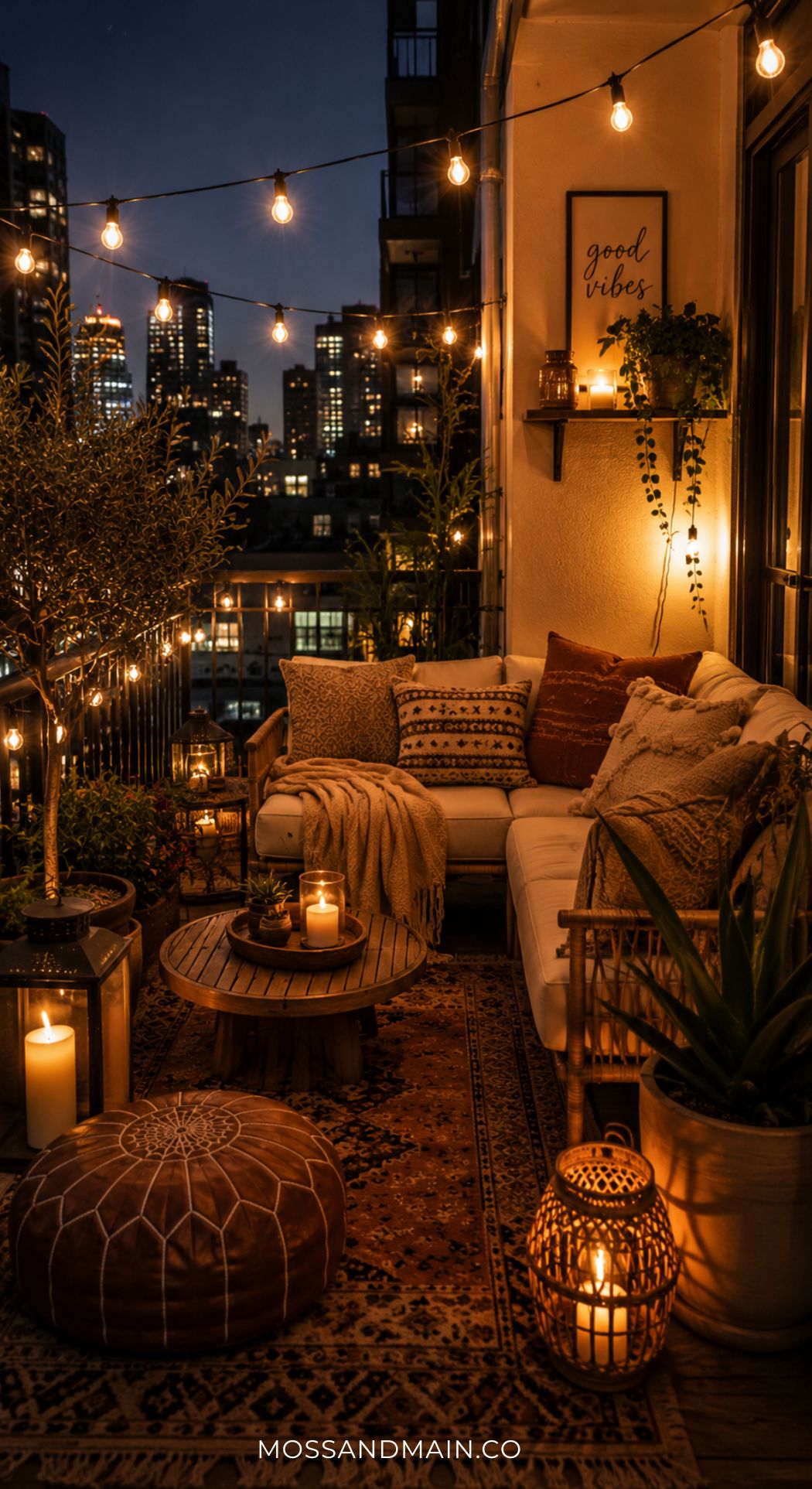 A cozy balcony at night showcases cozy patio ideas—string lights, candles, a sectional with pillows and blankets, a round wooden table, leather pouf, and lush plants. City buildings twinkle in the background while a good vibes sign hangs on the wall.